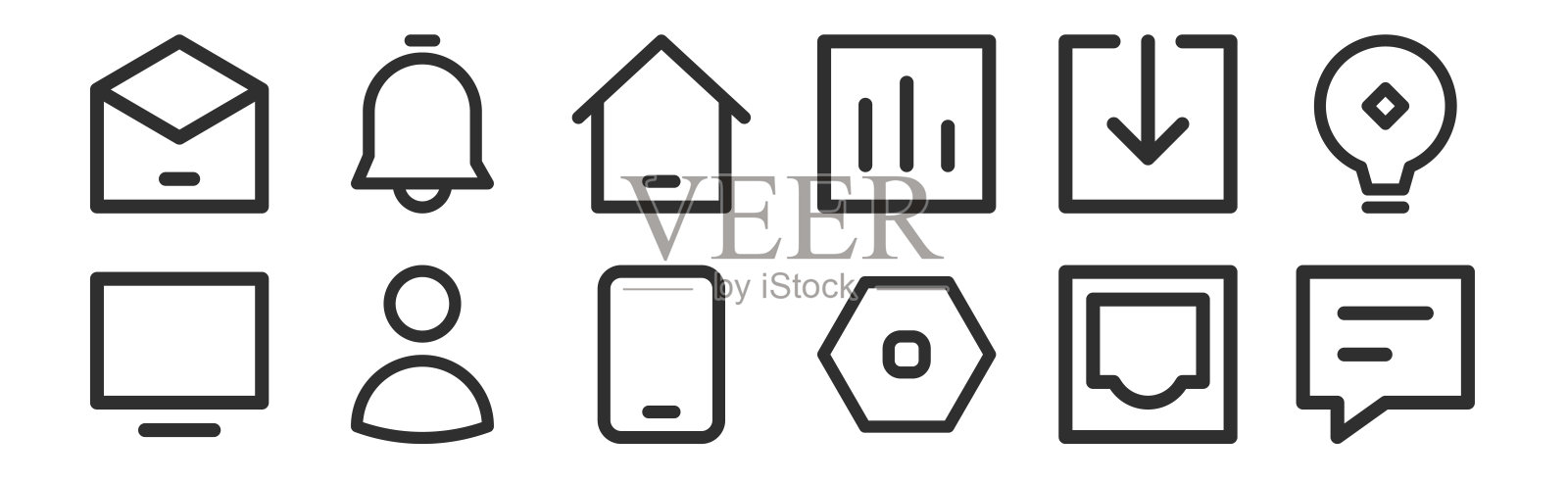 一套12瘦轮廓图标，如聊天，设置，用户，下载，主页，通知的web，移动图标素材