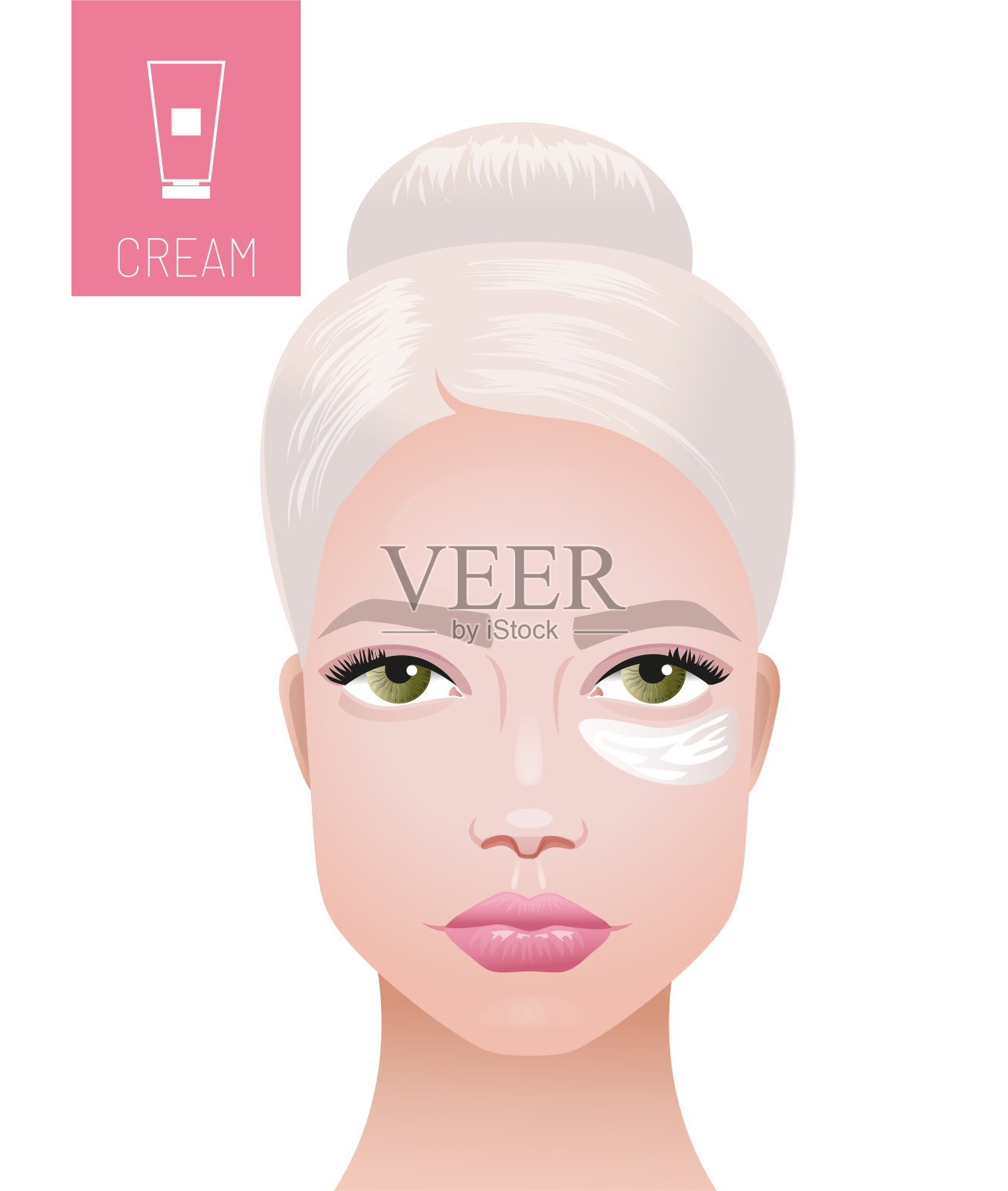 一个快乐的女人在她的脸上涂了一层润肤霜，隔离在粉红色的背景上。抗衰老美容。一个皮肤整洁的漂亮女人。自我护理美容护肤理念。设计元素图片