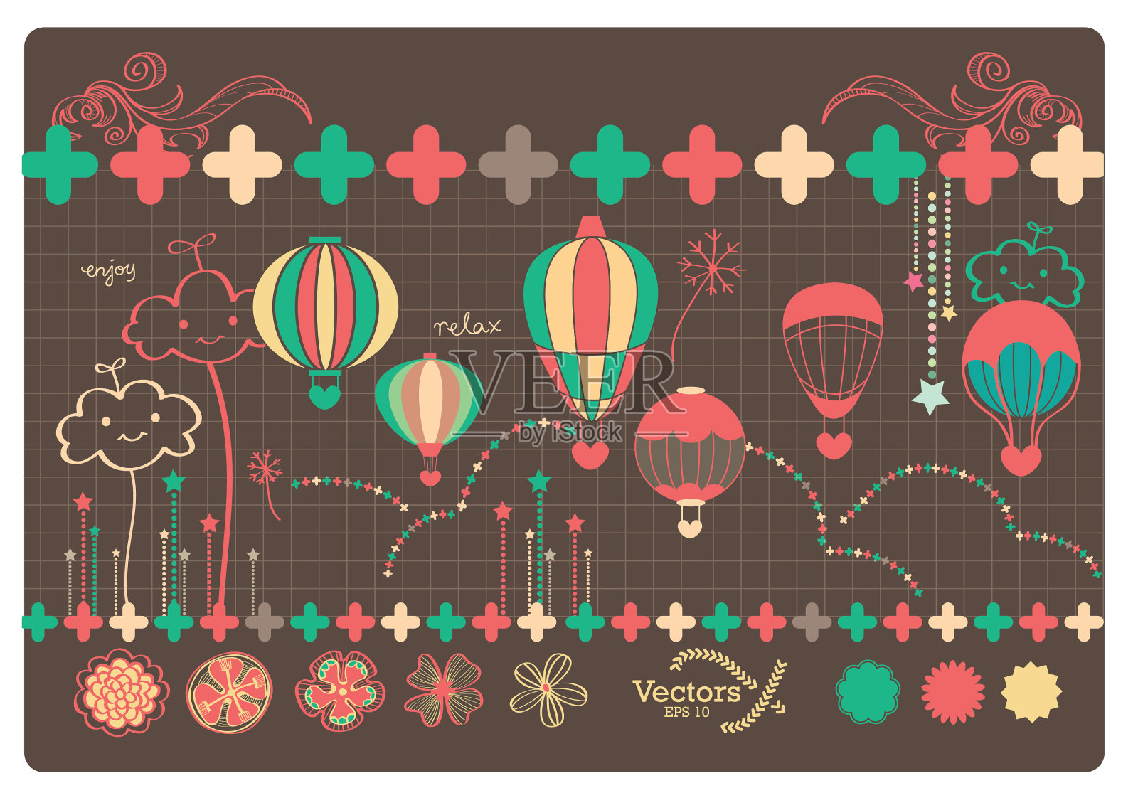 彩色可爱的卡通气球插图和花卉图案的背景插画图片素材