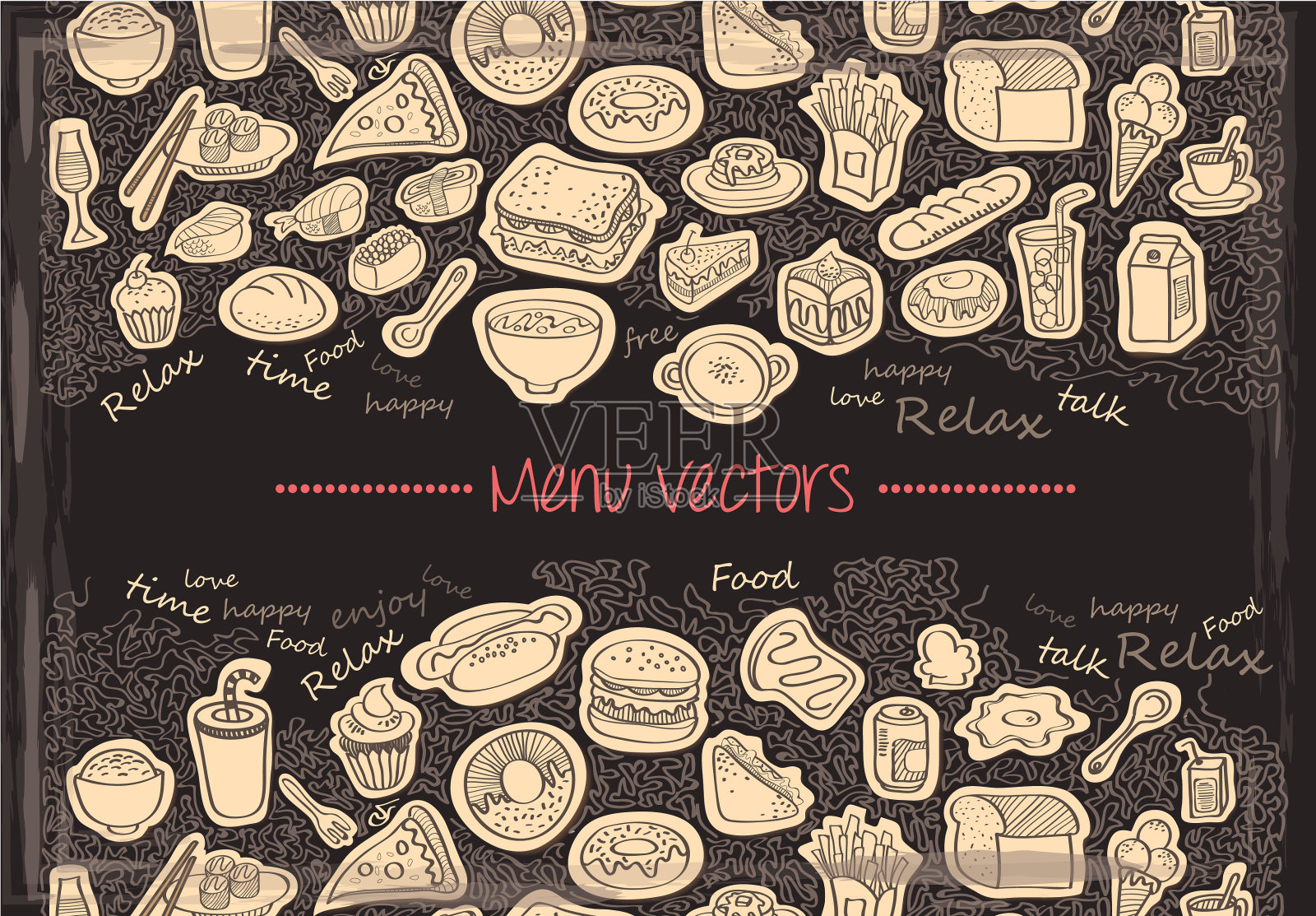 黑色黑板菜单的食物和饮料图标卡通矢量插画图片素材