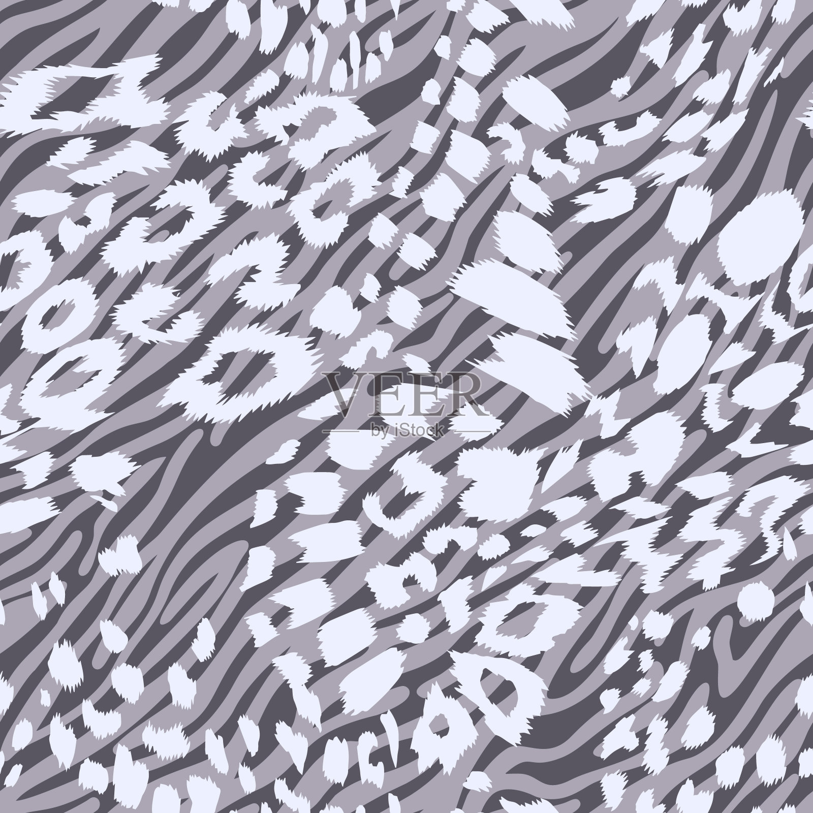 混合斑马条纹线条和豹斑毛皮皮肤印花纹理无缝图案。动物的背景。抽象的曲线线条点缀。几何形状。适用于纺织、面料、服装设计。插画图片素材