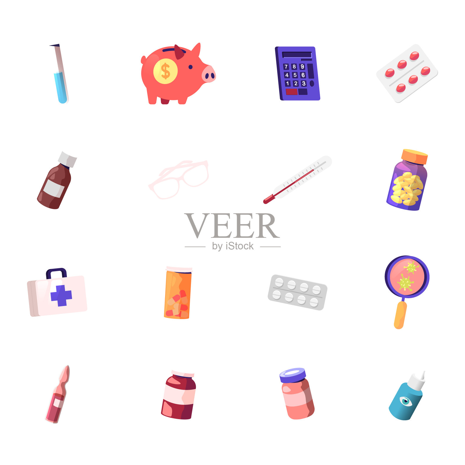 采购产品一套图标医疗成本，玻璃烧瓶，存钱罐和计算器与药片水泡，瓶子与药物，温度计和眼镜，仪器盒，细菌和眼睛溶液。卡通矢量图图标素材