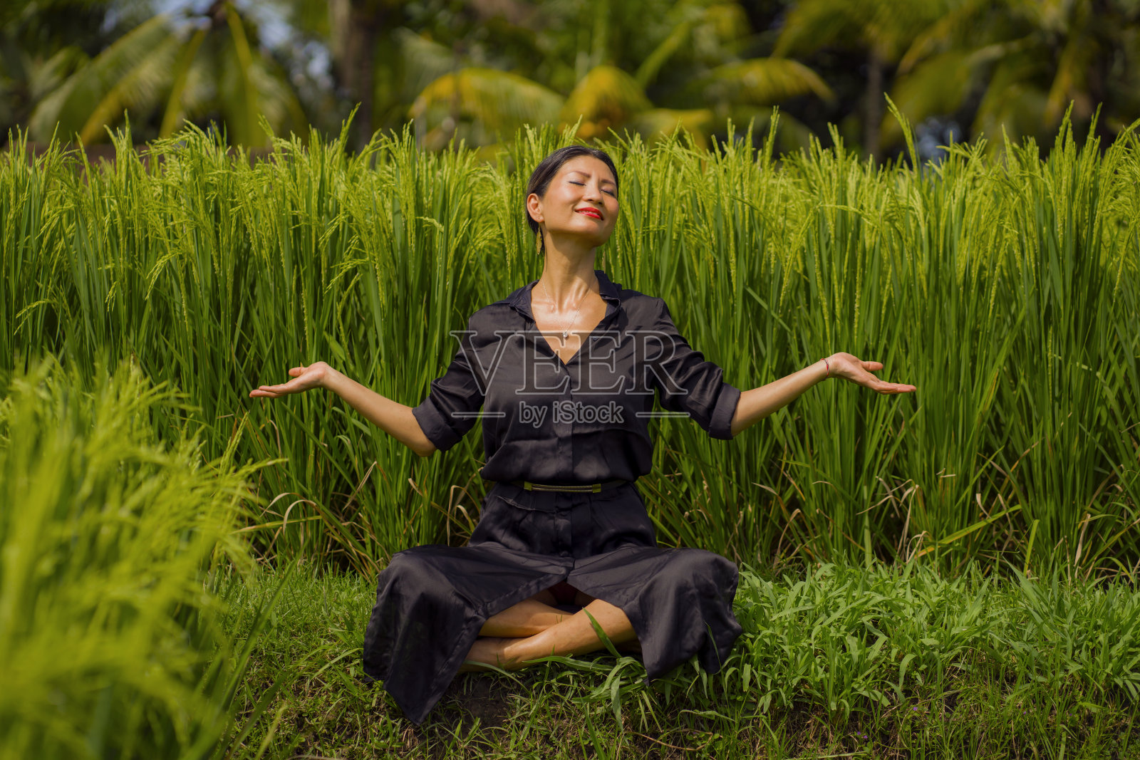 户外瑜伽和冥想在稻田-有吸引力和快乐的中年亚洲日本妇女享受瑜伽和放松与自然在健康的生活方式和健康照片摄影图片