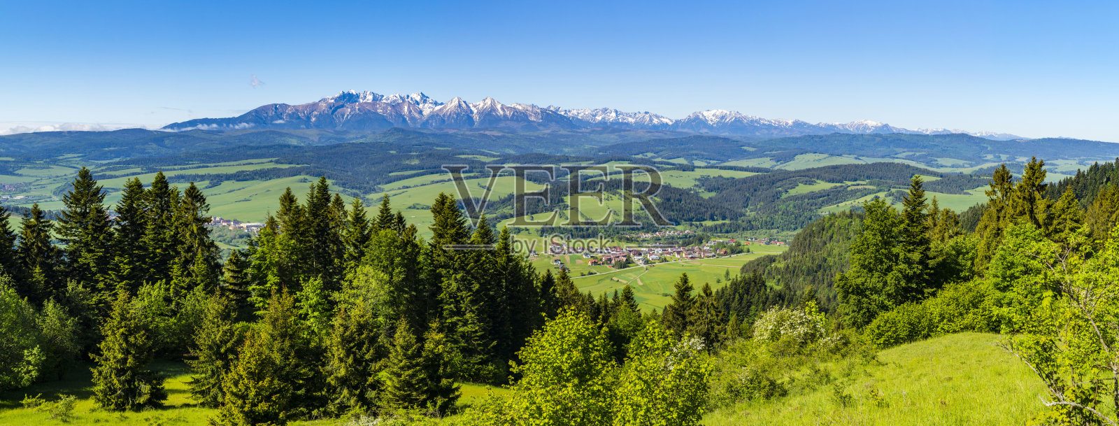 一个宽广的全景山脉-塔特拉山脉。山谷里有一个被森林、草地和田野环绕的村庄。春天的乡村景观。照片摄影图片