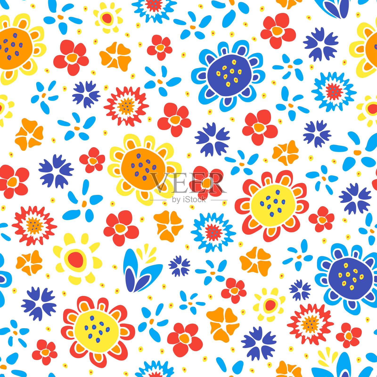 无缝矢量模式与手绘花在白色的背景。漂亮的嬉皮士花墙纸设计。夏日盛开复古时尚面料。插画图片素材