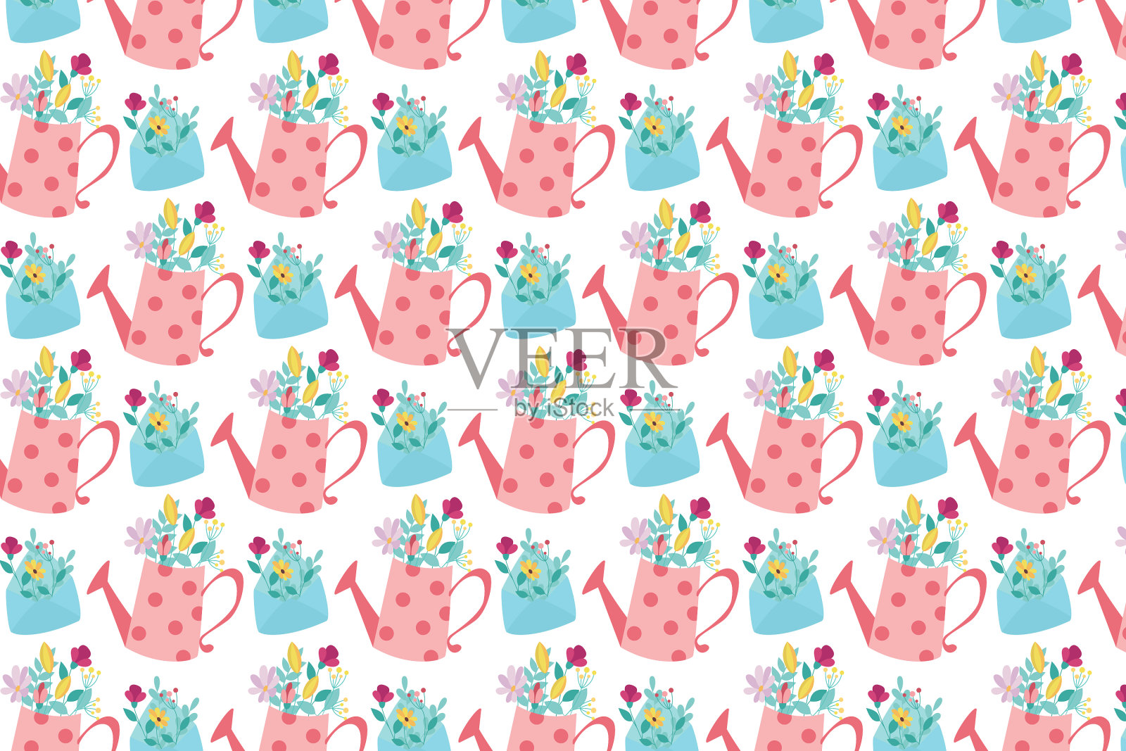 春天的背景。信封上有花和喷壶插画图片素材