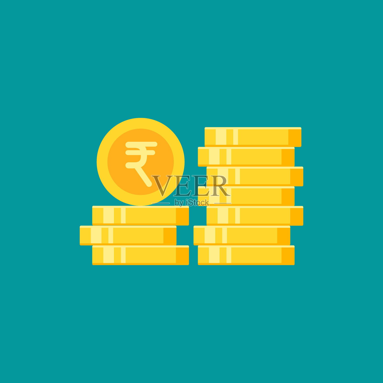 一堆黄金卢比硬币。平的黄金图标。孤立的蓝色。插画图片素材