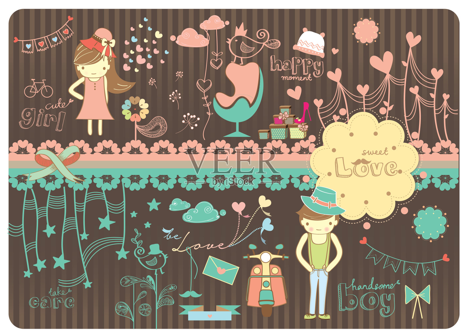 可爱的可爱的一对女孩和男孩矢量卡通与花花卉背景插画图片素材