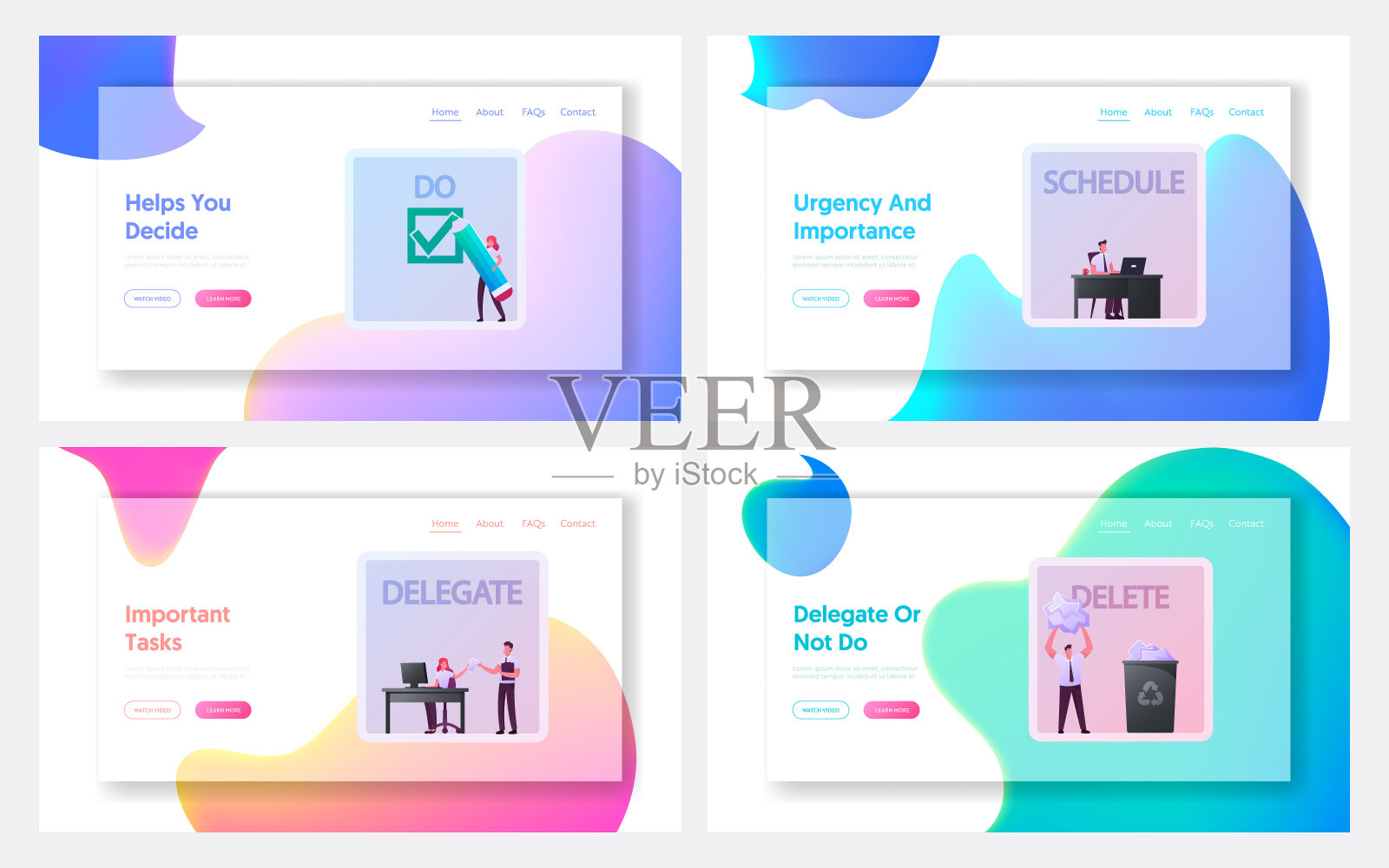 字符在巨大的艾森豪威尔矩阵登陆页面模板集。时间管理计划方案。图表与截止日期组织或项目过程有效控制。卡通人物矢量插图设计模板素材