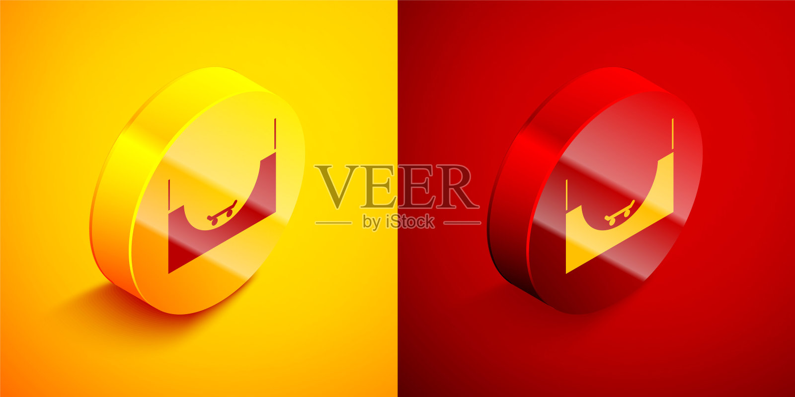 等距滑板公园图标孤立在橙色和红色的背景。一组斜坡，滚轴，楼梯为滑板公园。极限运动。圆按钮。矢量图插画图片素材