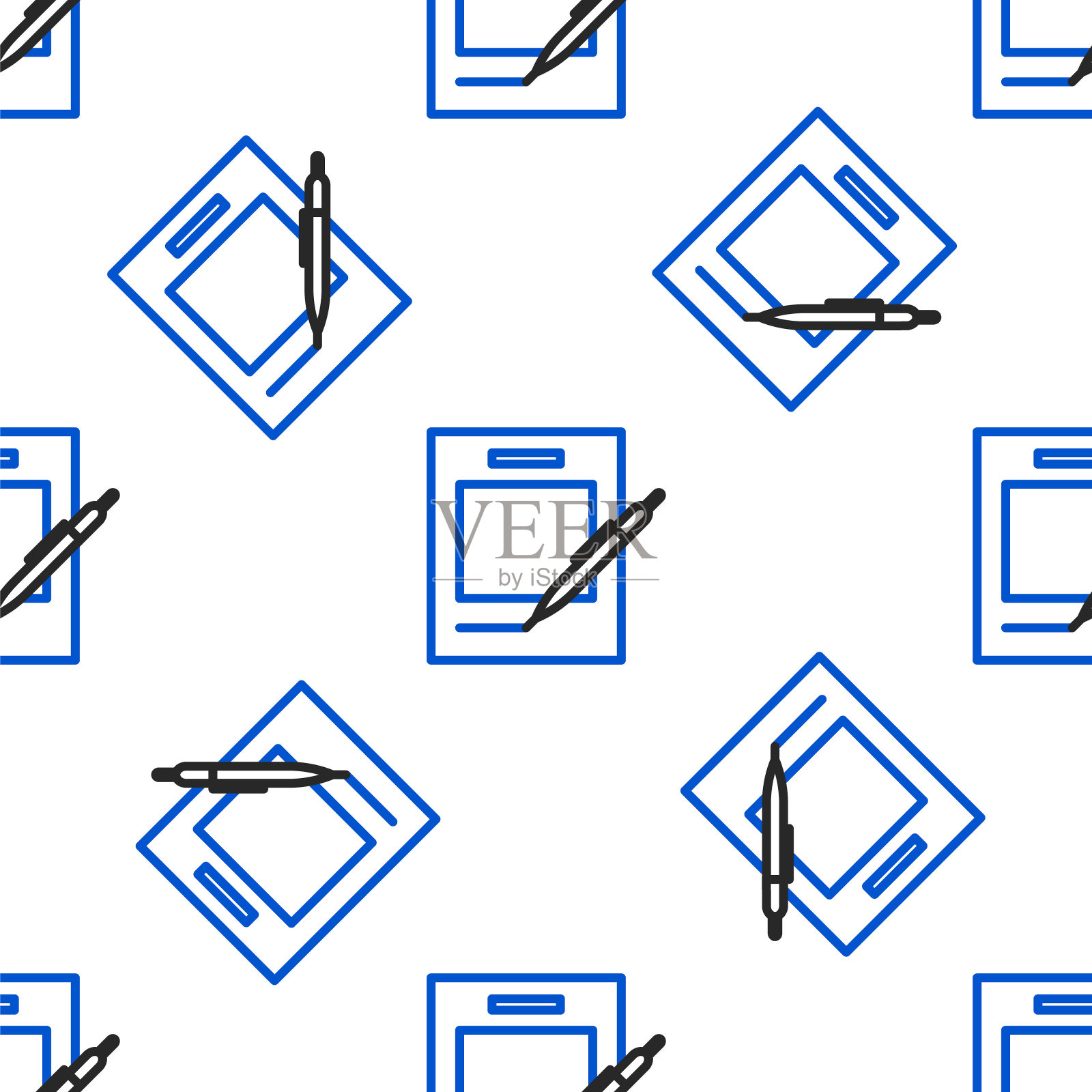 行空白笔记本和钢笔图标隔离无缝模式的白色背景。纸和笔。色彩斑斓的轮廓的概念。向量插画图片素材