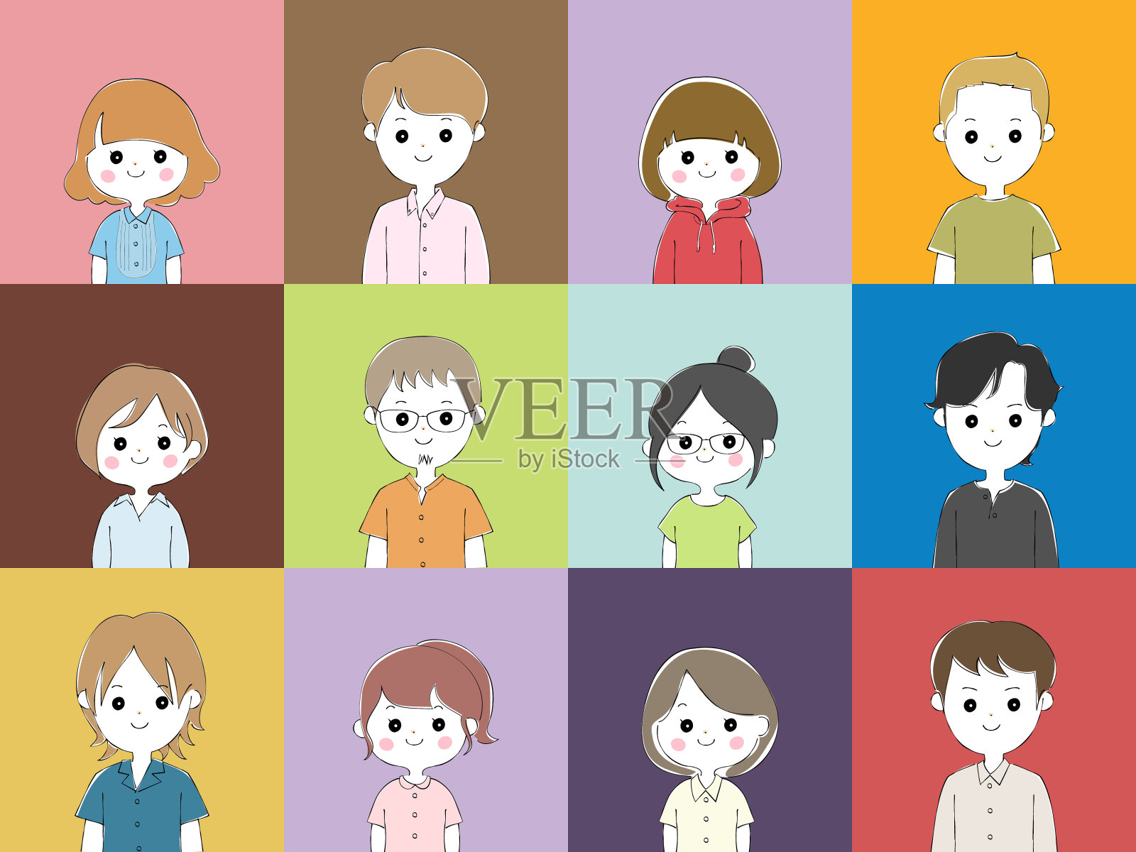 12名年轻男女微笑着面对前面五彩缤纷的背景插画图片素材