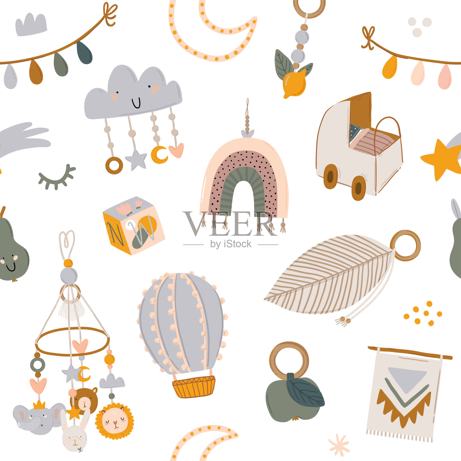 可爱的孩子斯堪的纳维亚无缝图案与有趣的动物，儿童移动玩具，豆袋，树叶，花。插画图片素材