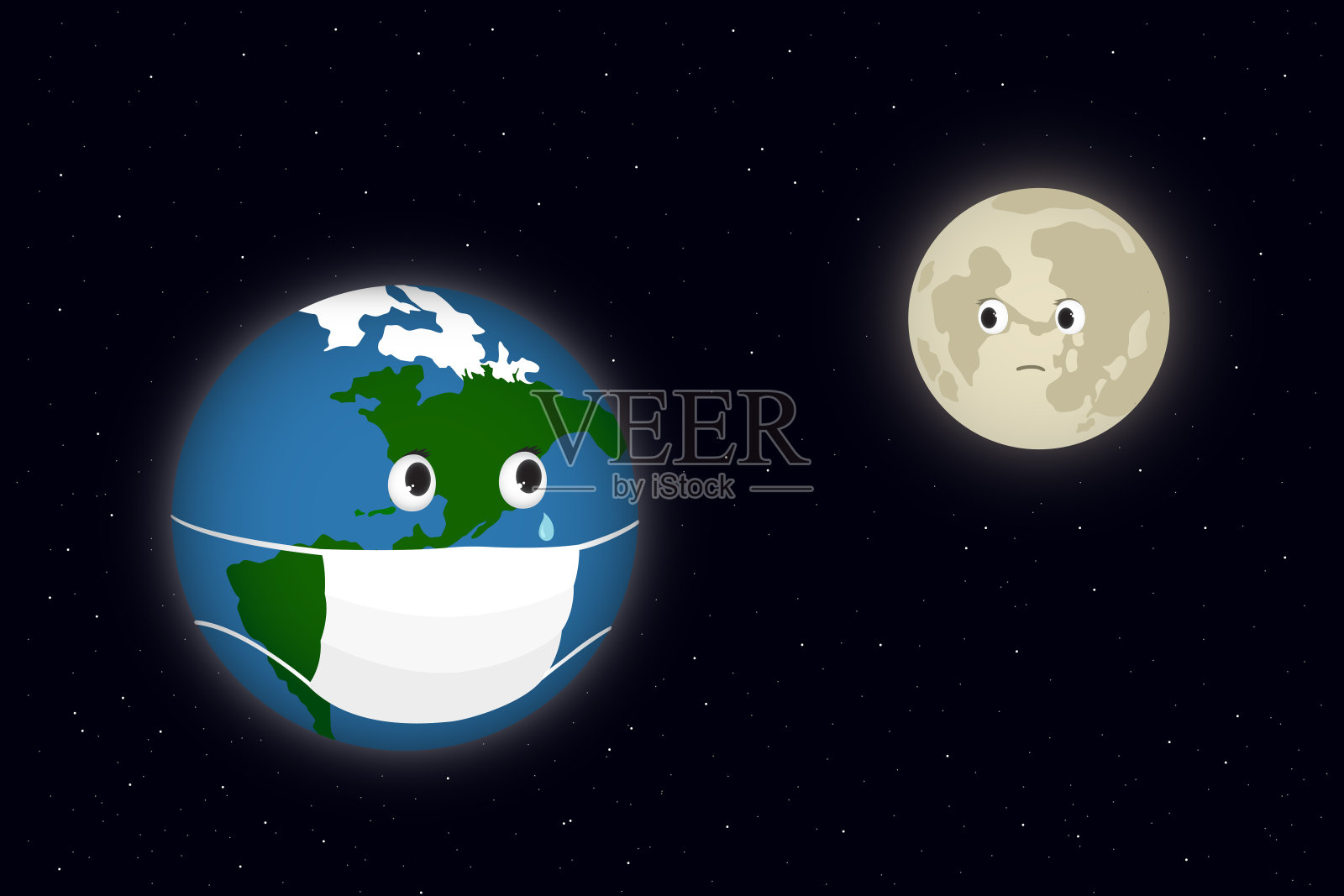 面具中的地球和月球。卡通风格。矢量图插画图片素材