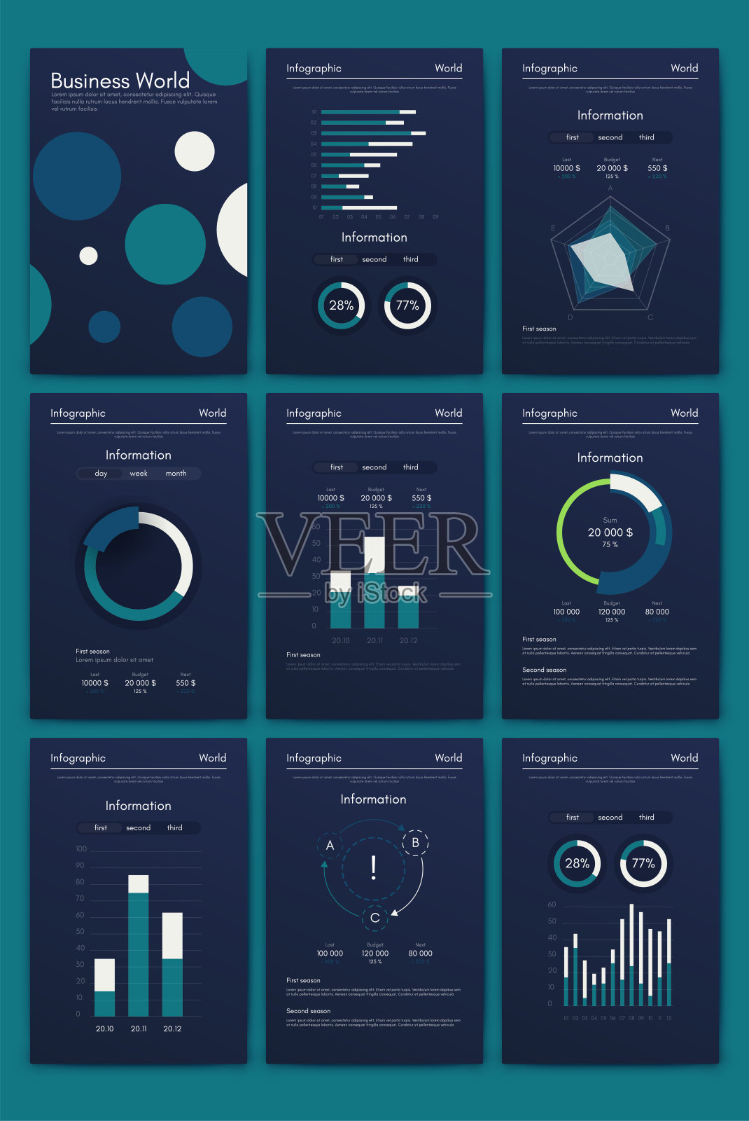 商业手册的现代信息图表向量元素。用于网站，公司宣传册，广告和市场营销。饼图，折线图，条形图和时间线。插画图片素材