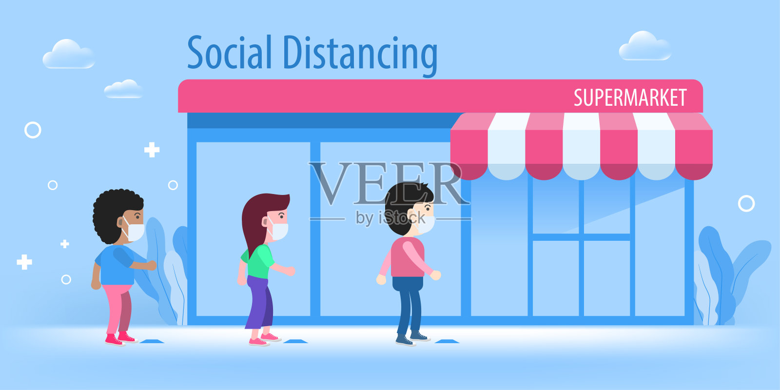 戴口罩的人保持社交距离的新常态生活方式。矢量插图卡通人物插画图片素材