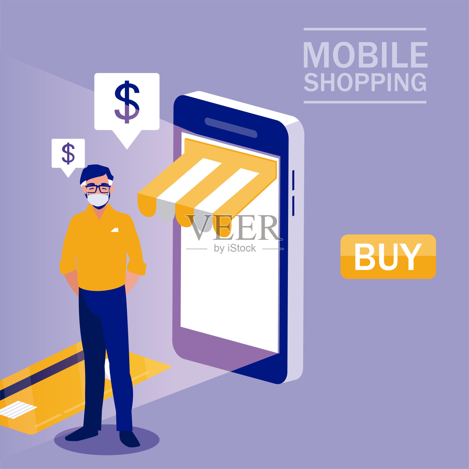 戴口罩和智能手机的男人矢量设计插画图片素材