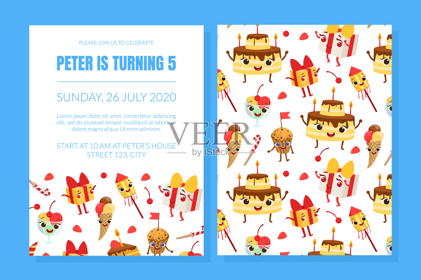 生日聚会邀请卡模板，可爱的孩子气的问候横幅，海报与快乐的节日符号向量插图插画图片素材