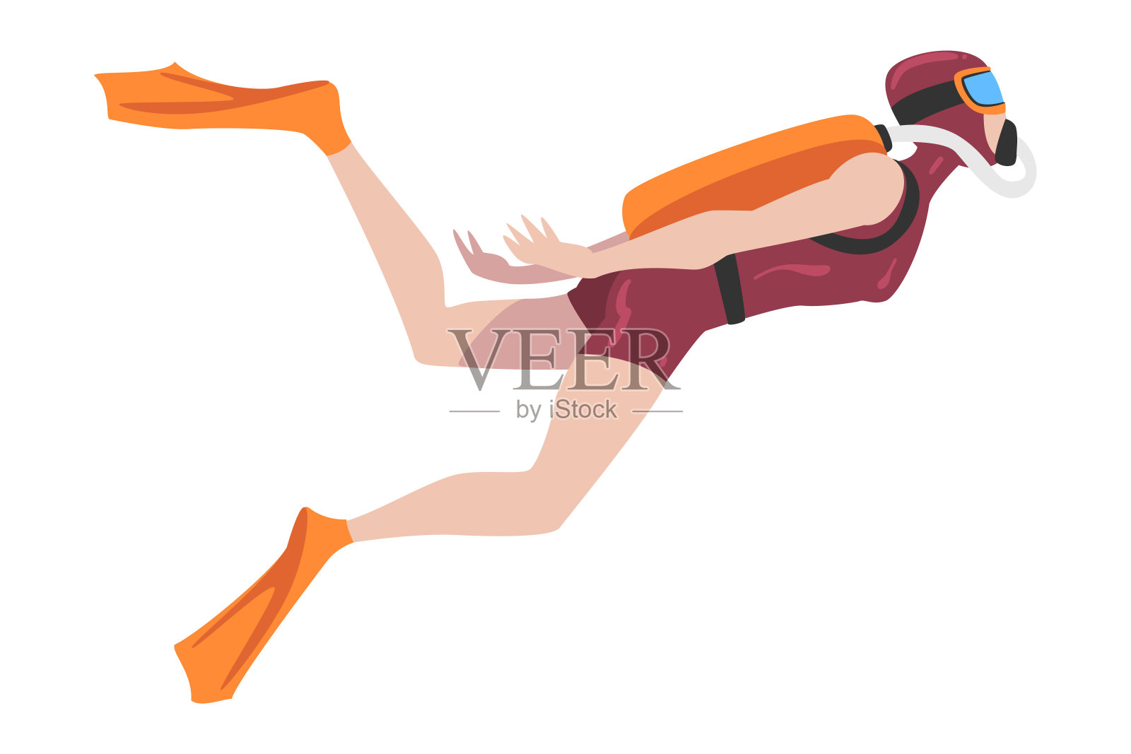 女潜水员在潜水服，通气管，面具和脚蹼潜水在海里，夏季水运动，极限爱好卡通风格矢量插图插画图片素材