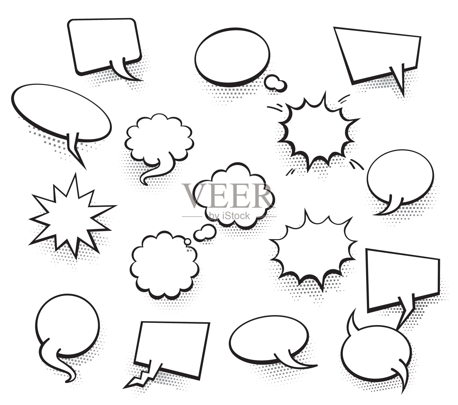 一套空白模板在波普艺术风格。矢量漫画文本语音气泡半色调点背景。空云漫画书对话空间的卡通盒流行艺术。插画图片素材
