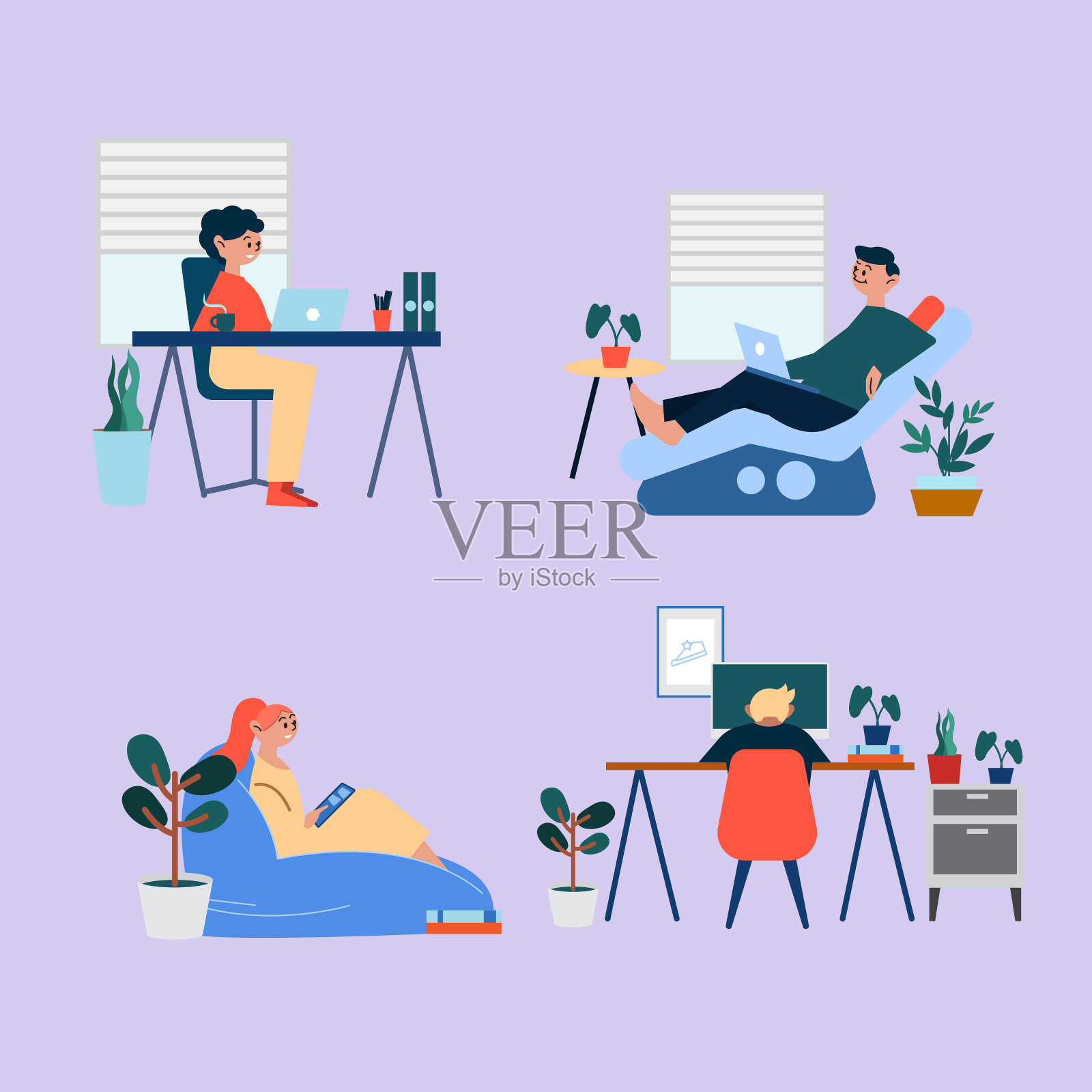 在家工作，在家工作，共同工作空间的概念。男女自由职业者在家里用笔记本和电脑工作。卡通矢量插图在平面风格。插画图片素材