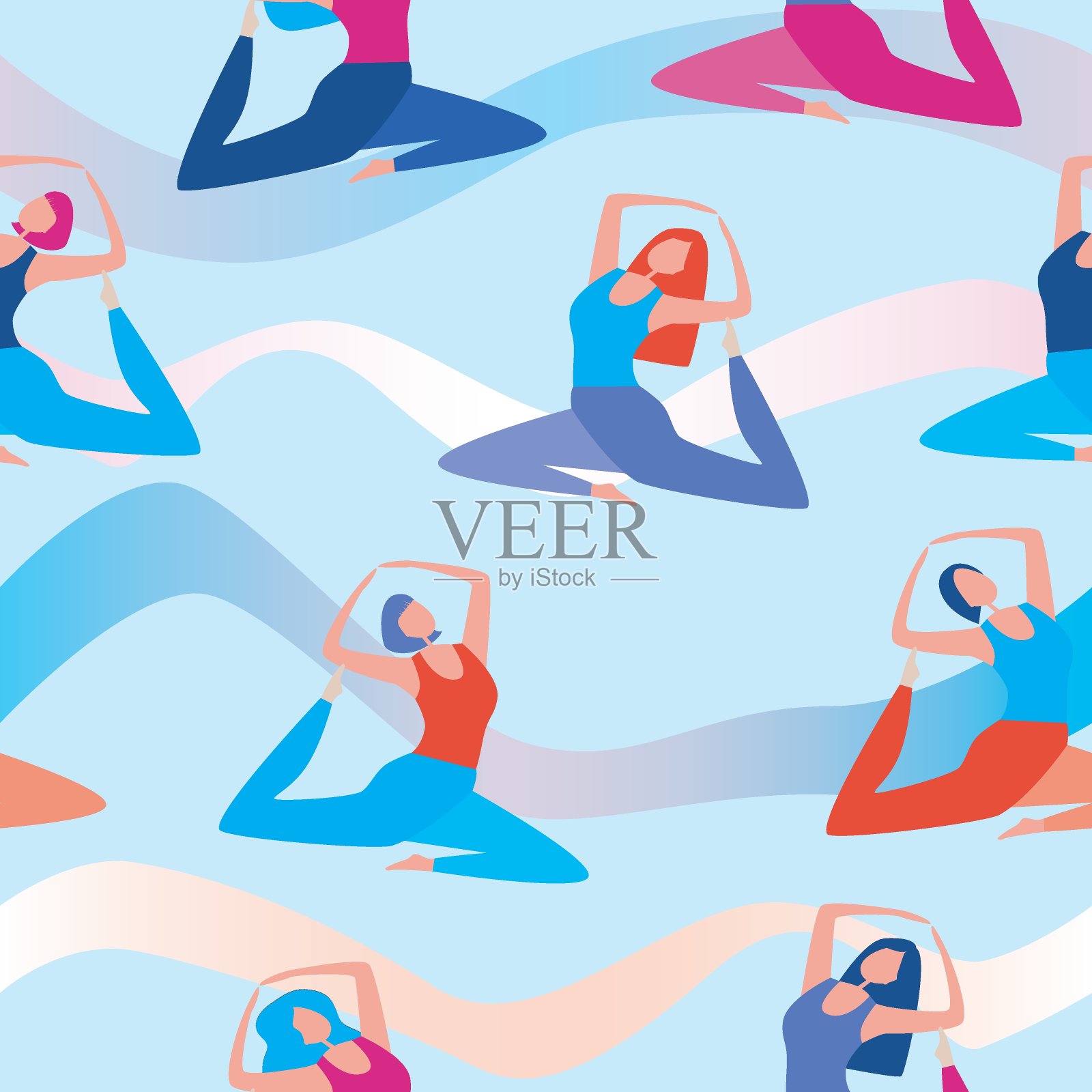 无缝模式与女孩做瑜伽作为一个概念的活动和健康的生活方式，平面矢量股票插图与妇女做体式插画图片素材