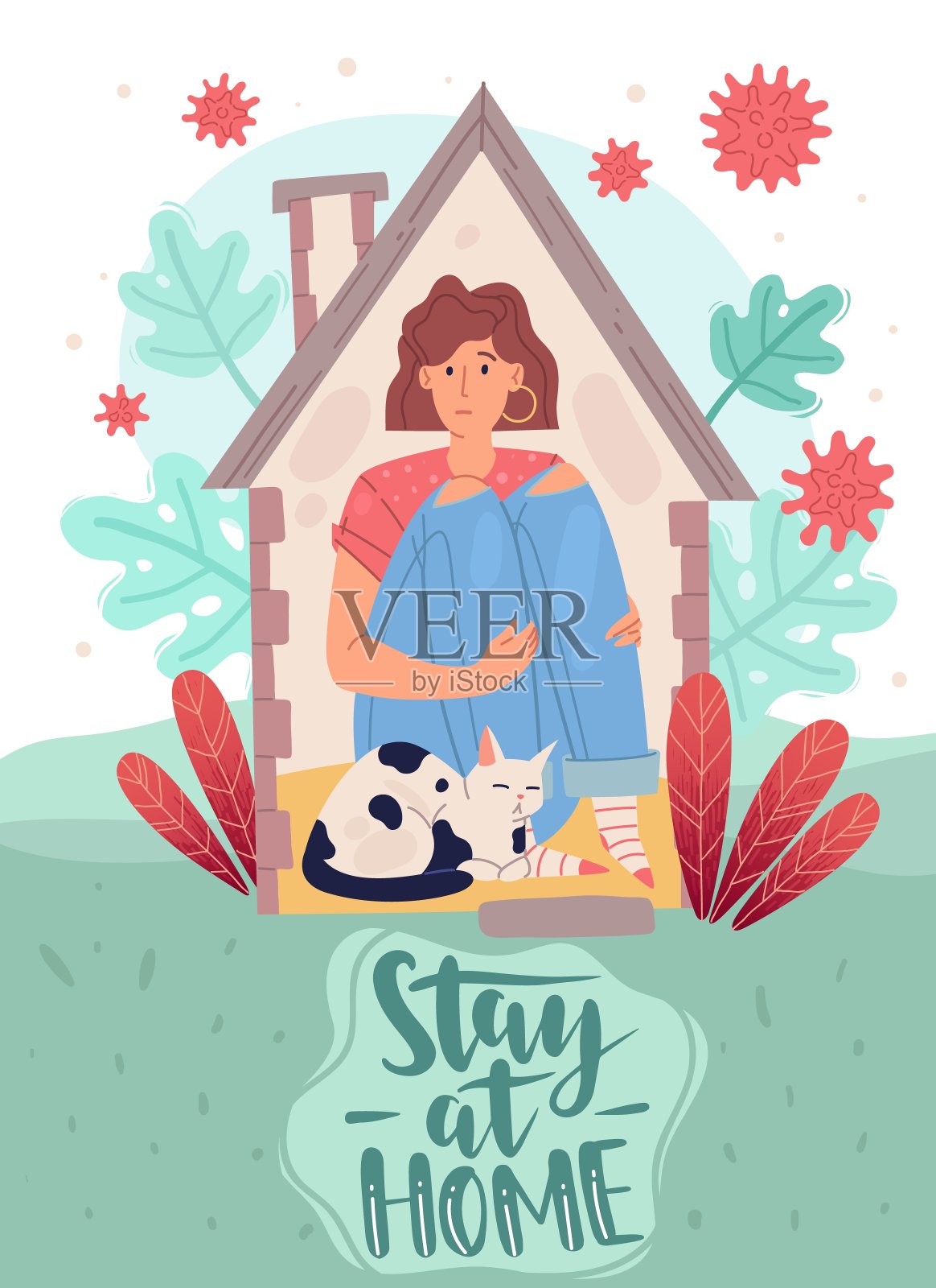 检疫病毒卡通人物海报。呆在家里的垂直卡通海报上的主题为流行病和检疫。一个女孩和一只猫在家里。Covid-19细菌在屋子里飞来飞去。矢量图插画图片素材