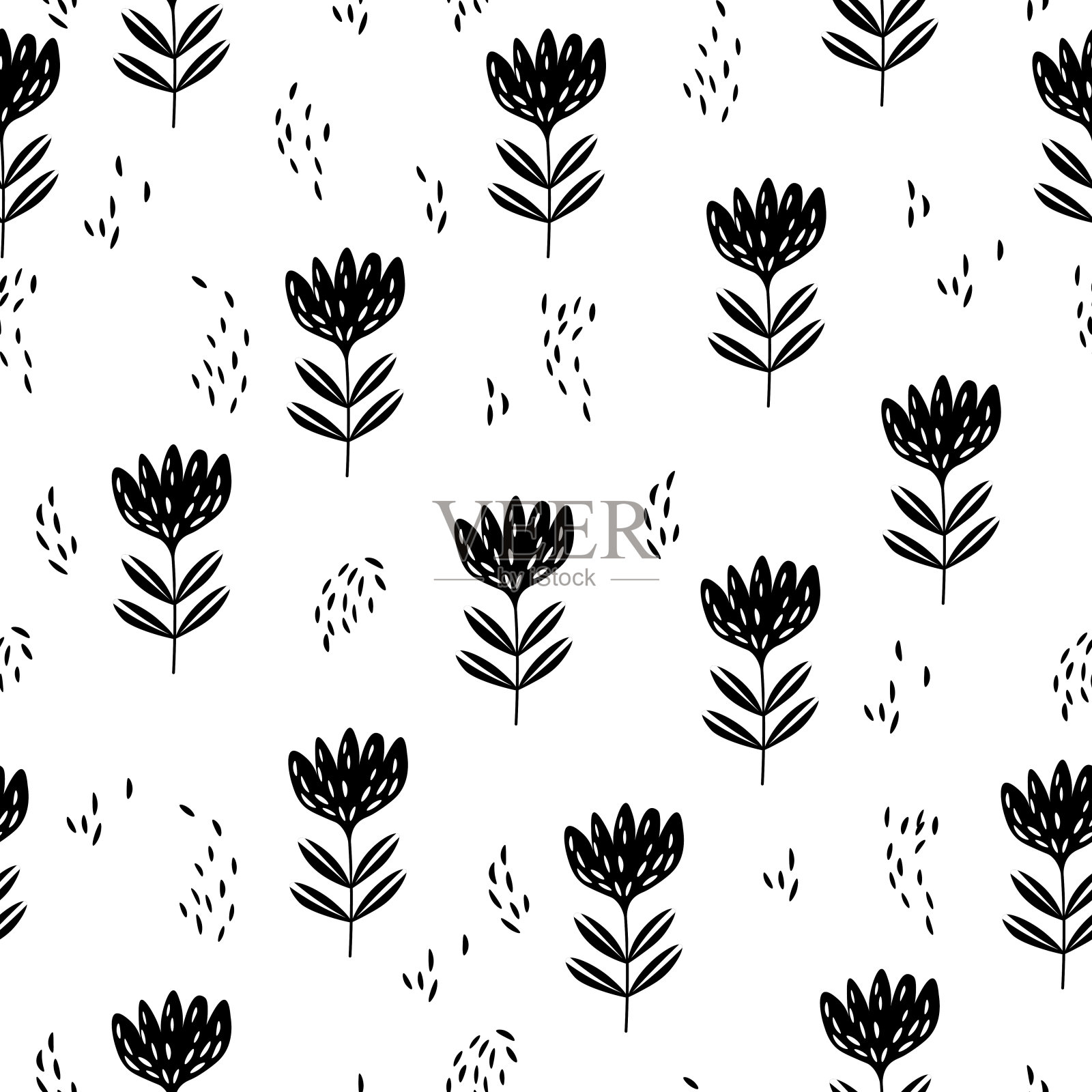 基于传统民间艺术的花型无缝装饰。白底黑花。北欧风格。瑞典北欧风格。矢量插图织物，纺织品，壁纸。插画图片素材