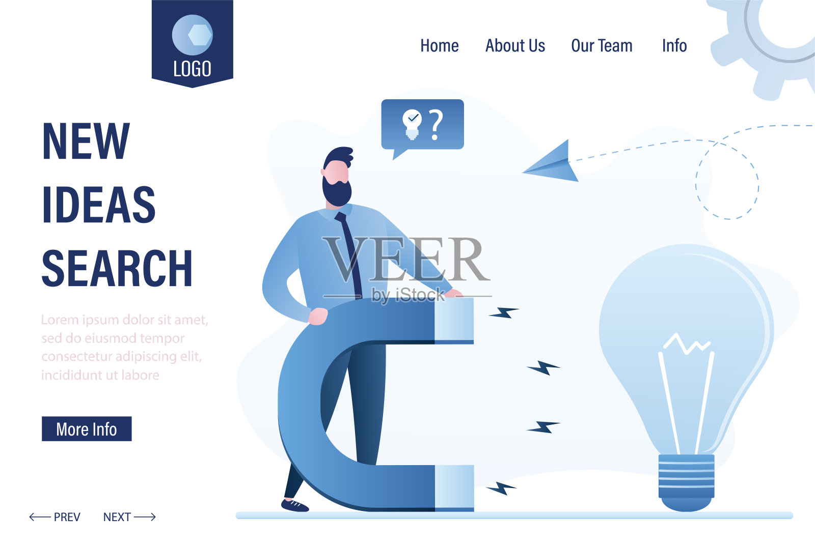 新想法搜索登陆页面模板。英俊的商人拿着一个巨大的磁铁吸引点子灯泡。插画图片素材