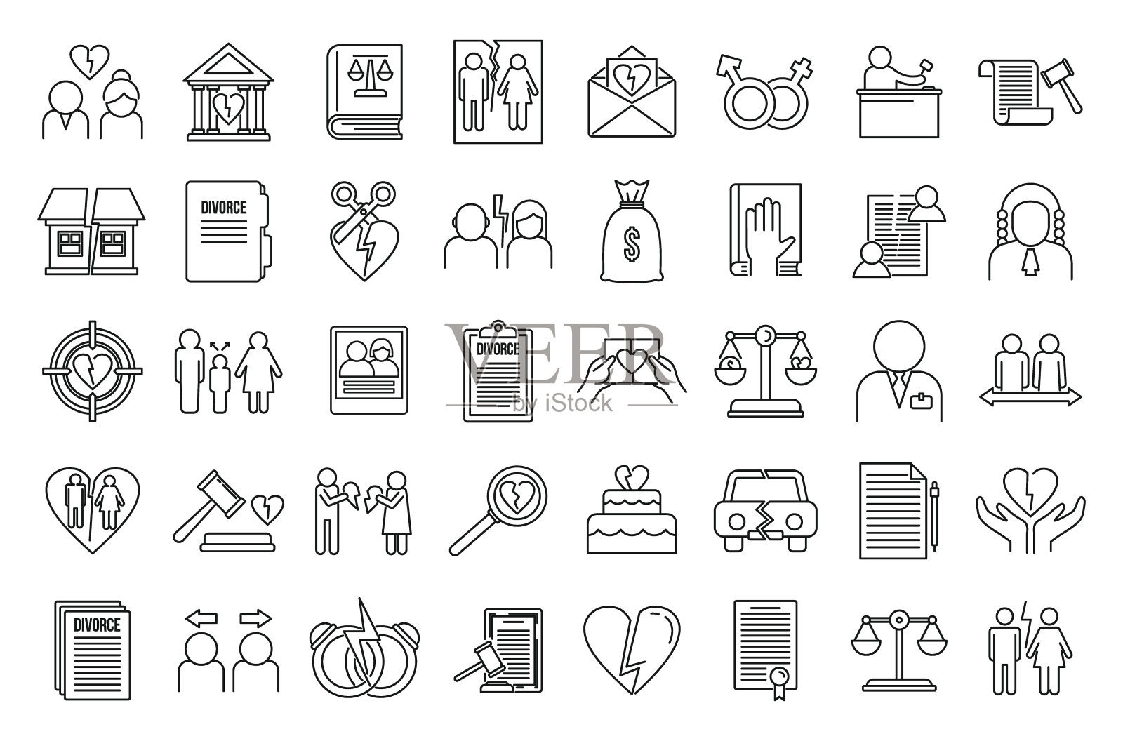 离婚分离图标设置，轮廓风格图标素材
