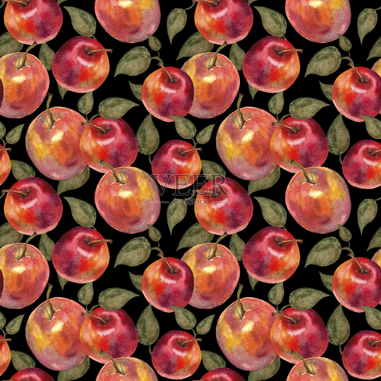 果实无缝图案与苹果。水彩插图。插画图片素材