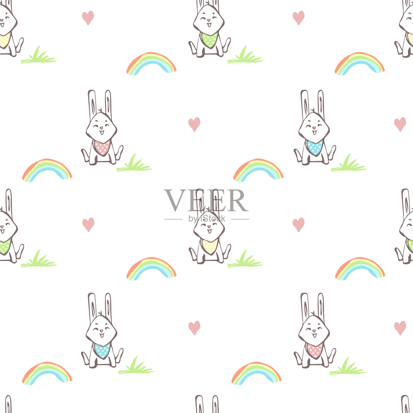 无缝图案与兔子，彩虹，心和草插画图片素材