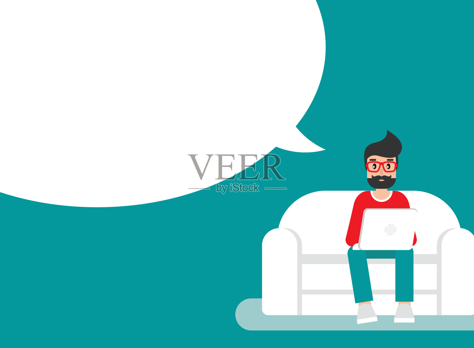 自由职业者坐在沙发上，带着电脑和大泡泡。平面矢量插图上的绿松石背景。插画图片素材