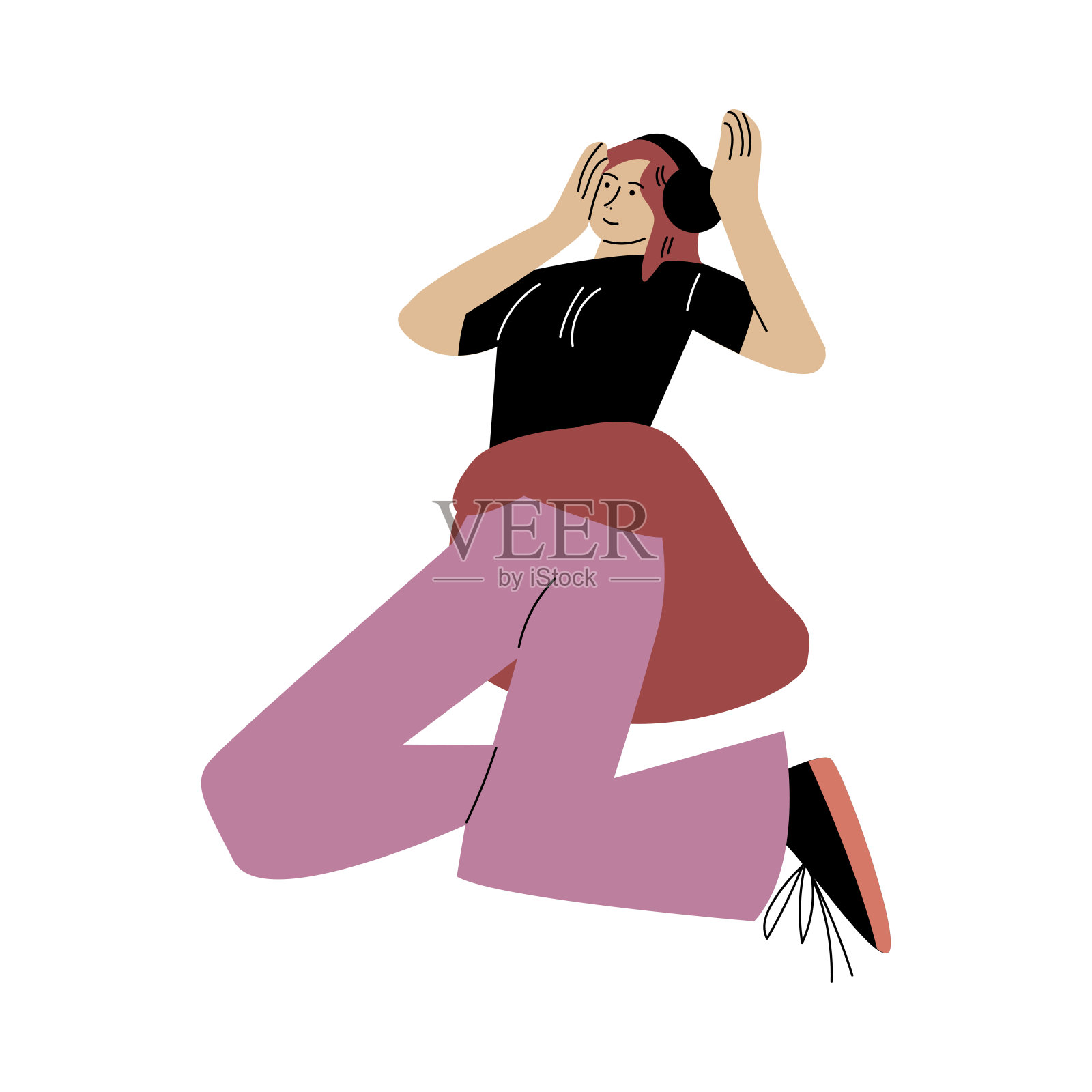 快乐微笑的女孩穿着粉红色的裤子跳舞，戴着耳机听音乐。矢量插图在平面卡通风格插画图片素材