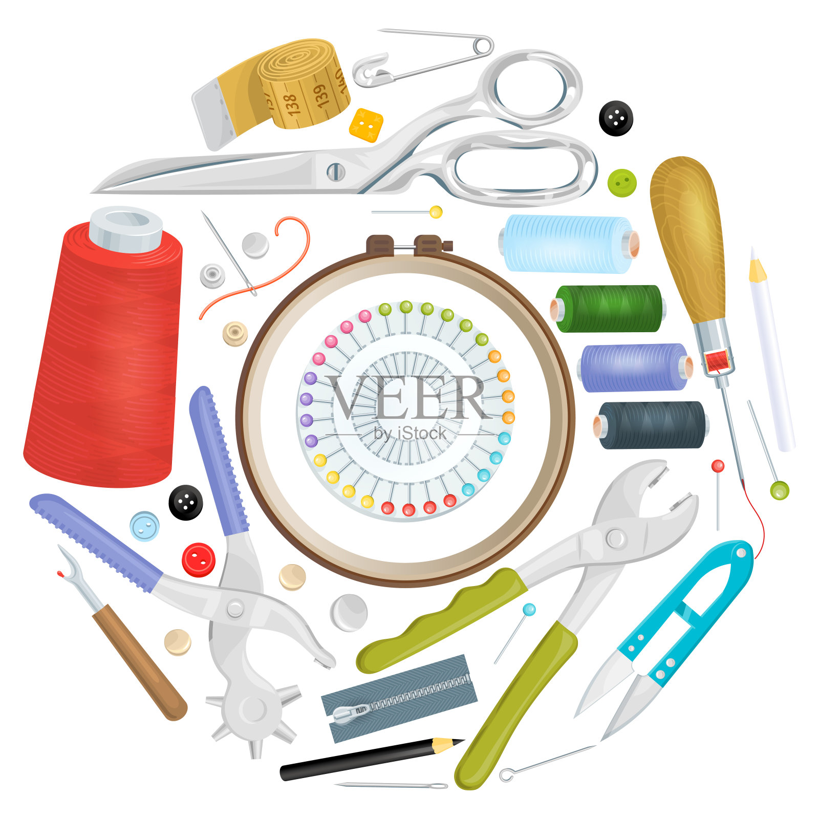 不同的缝纫工具折叠成圆形，明亮的广告海报用于缝纫工作室设计，平面风格的矢量插图。插画图片素材