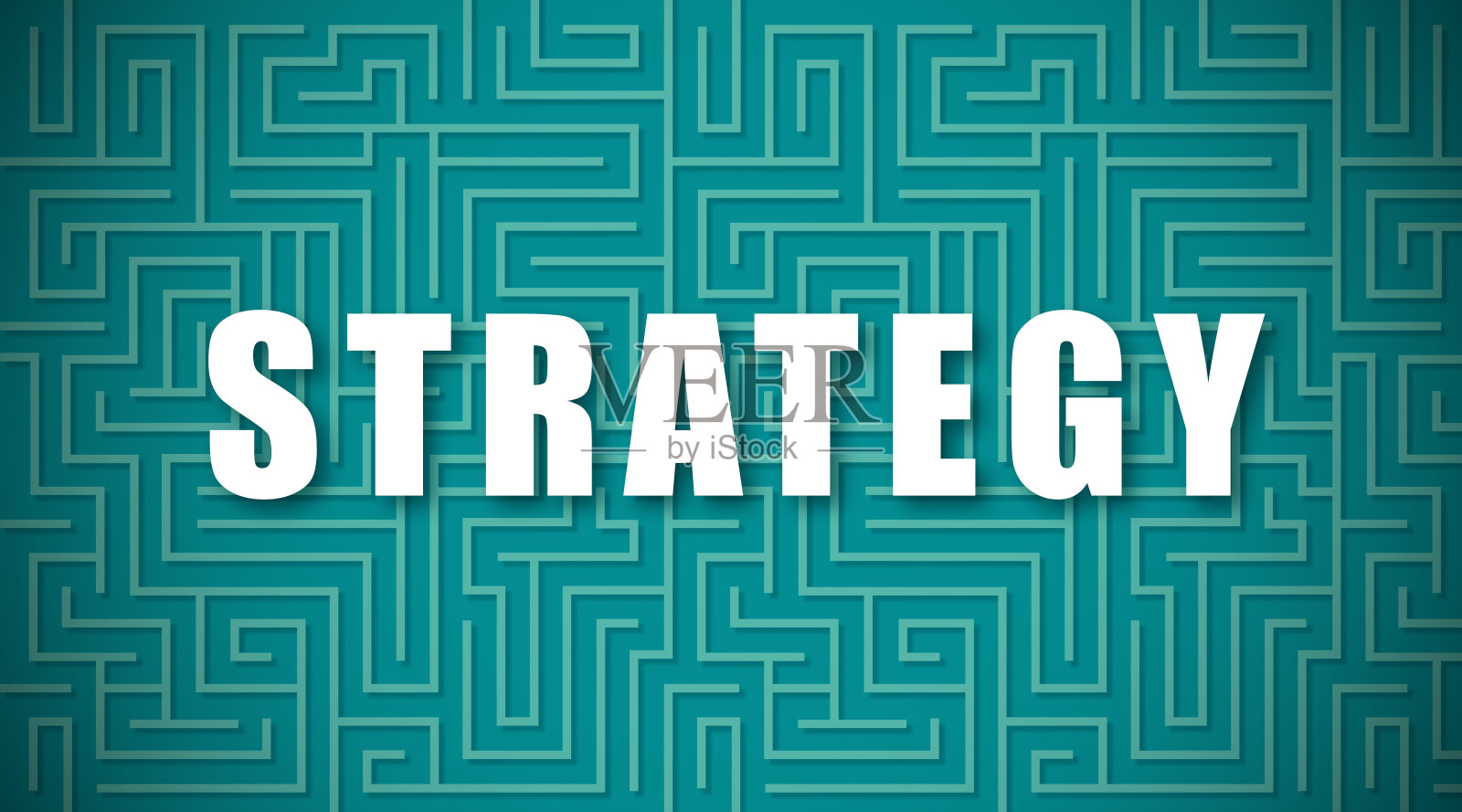 业务策略的概念。插图与文字策略在绿松石背景迷宫线插画图片素材