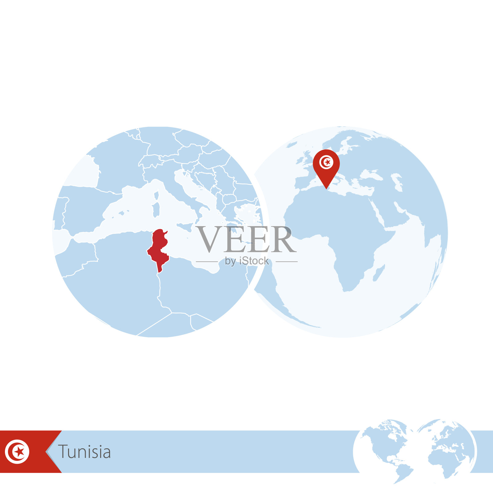 突尼斯在全球的旗帜和突尼斯的区域地图。插画图片素材