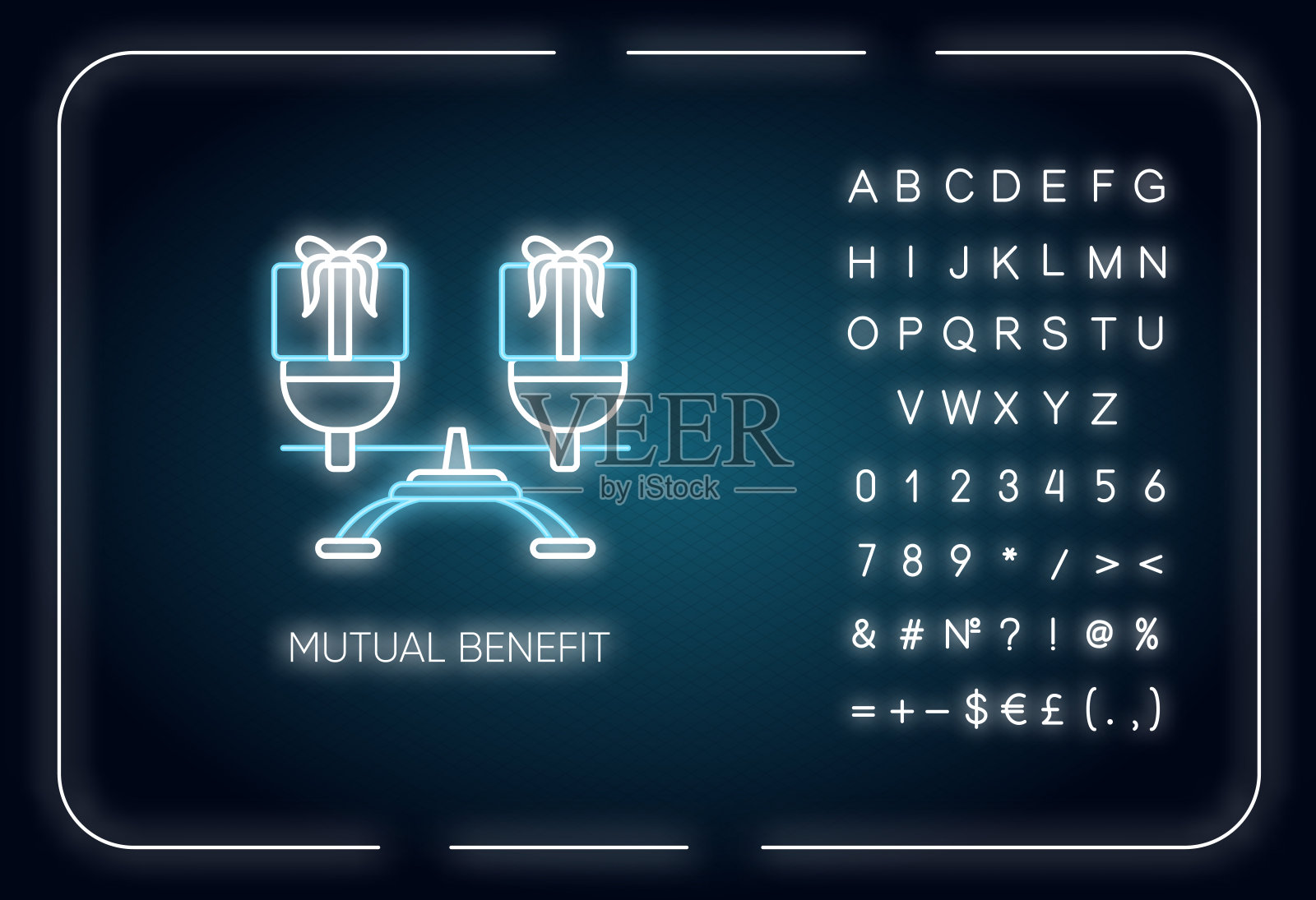 互利的霓虹灯图标。外发光效果。用字母、数字和符号签名。平等的关系。平等的友情，人与人之间的关系。矢量隔离RGB颜色插图插画图片素材