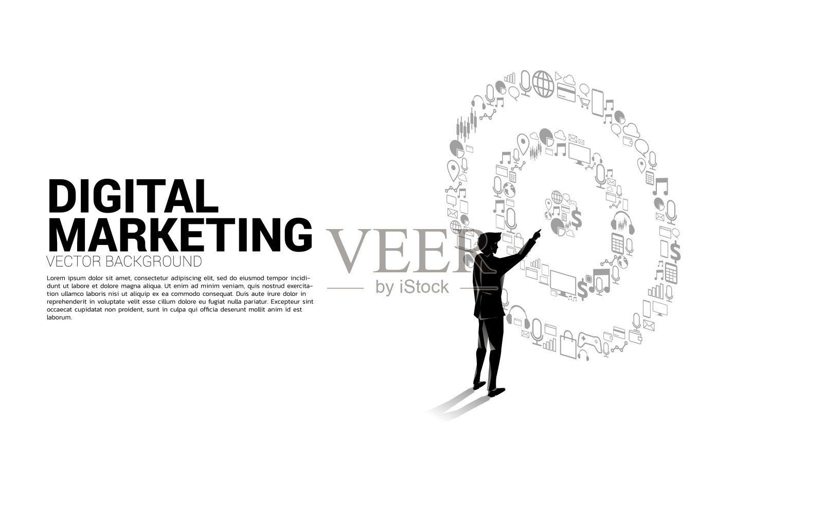 剪影商人指向中心的圆靶从营销图标。插画图片素材