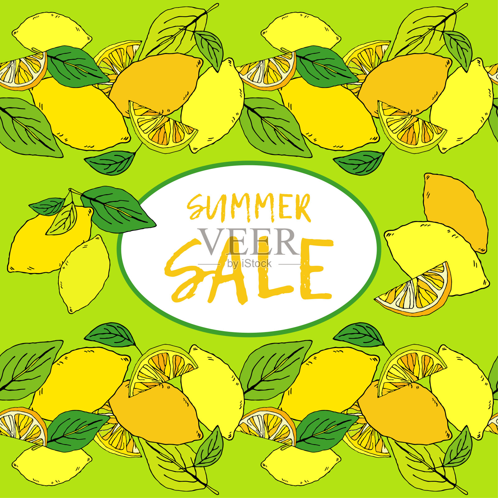 出售。用柠檬和树叶的彩色雕刻的风格。插画图片素材