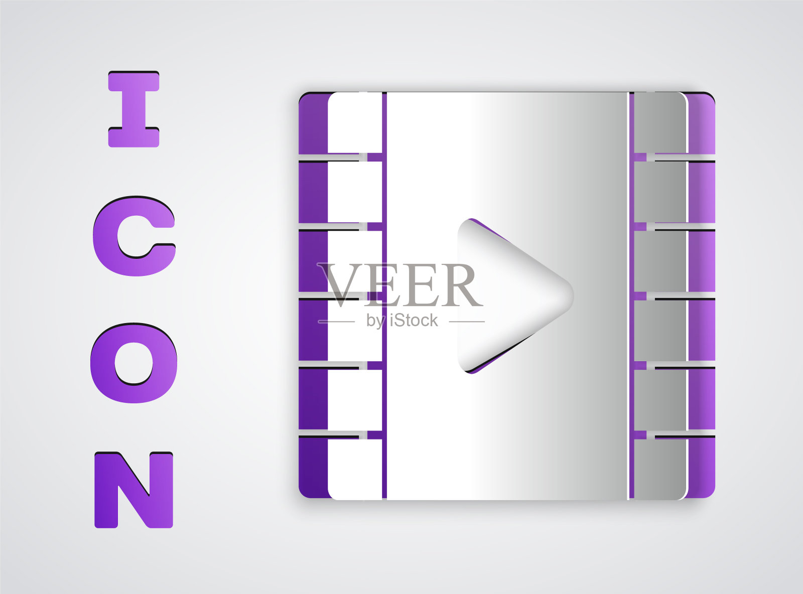 剪纸播放视频图标孤立在灰色背景。带游戏标志的胶片。纸艺术风格。矢量图图标素材