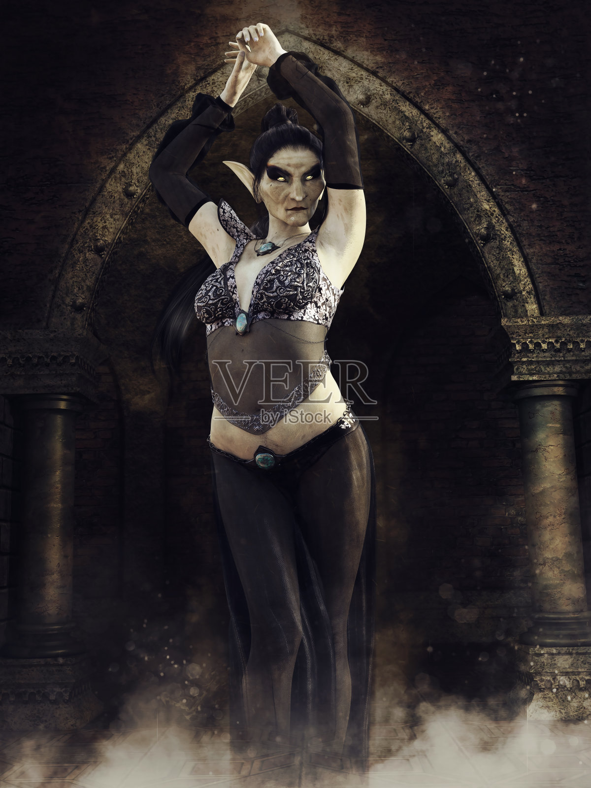 邪恶的女精灵在一个多雾的房间照片摄影图片