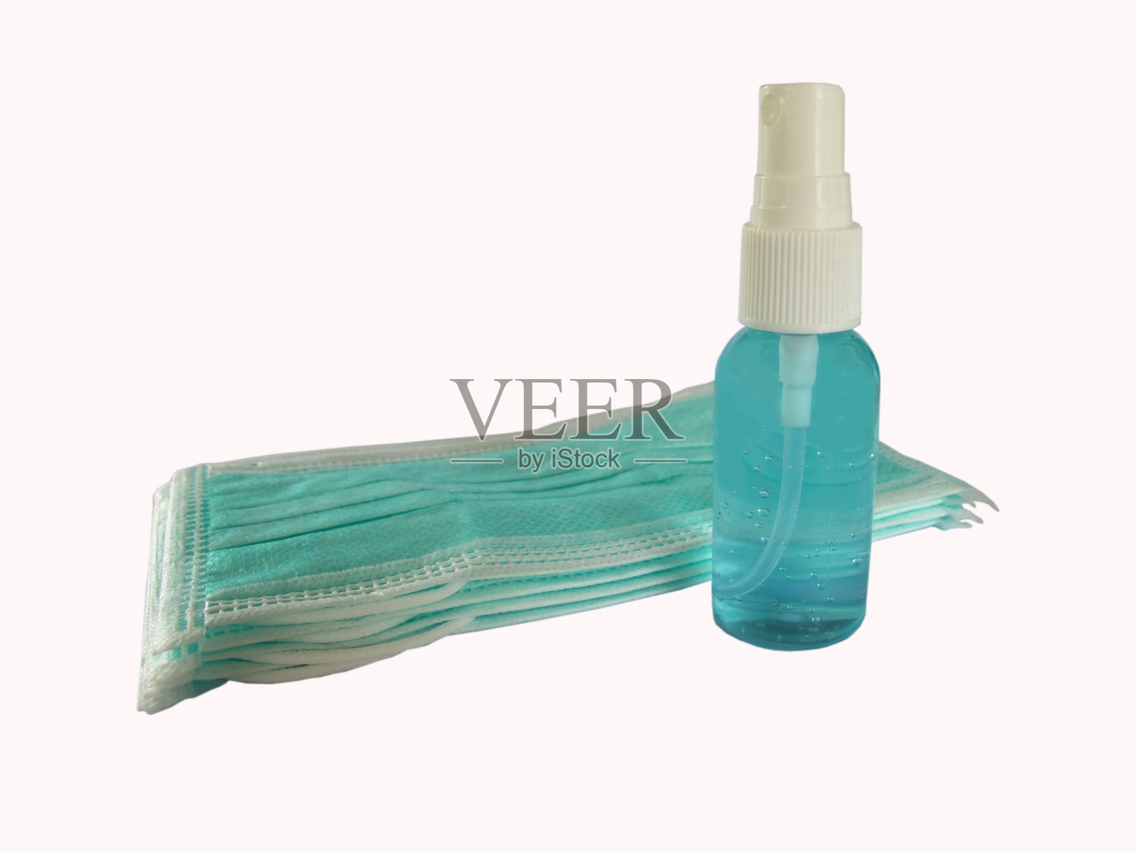 新型冠状病毒(COVID-19)预防套装、医用外科口罩和蓝色洗手液酒精凝胶照片摄影图片