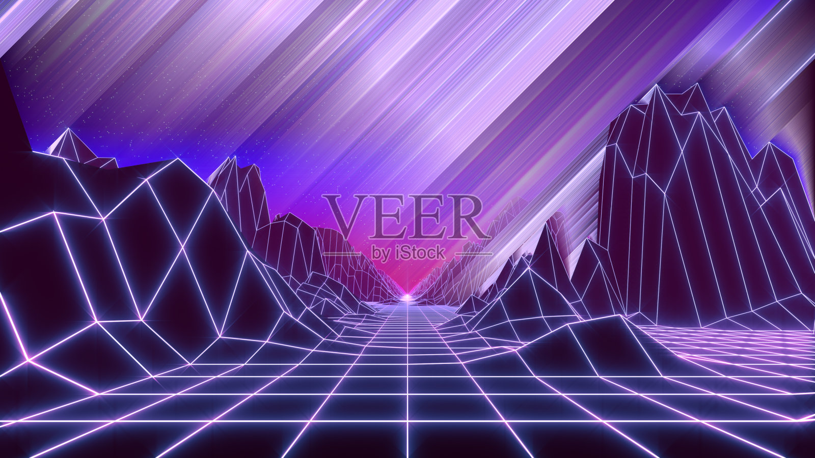 80年代复古风背景。低多边形景观与霓虹灯照片摄影图片