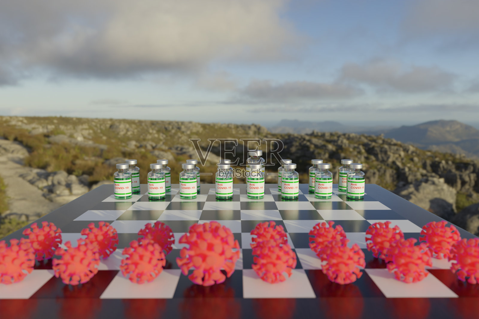 棋盘上的抗COVID-19疫苗和病毒三维示意图照片摄影图片