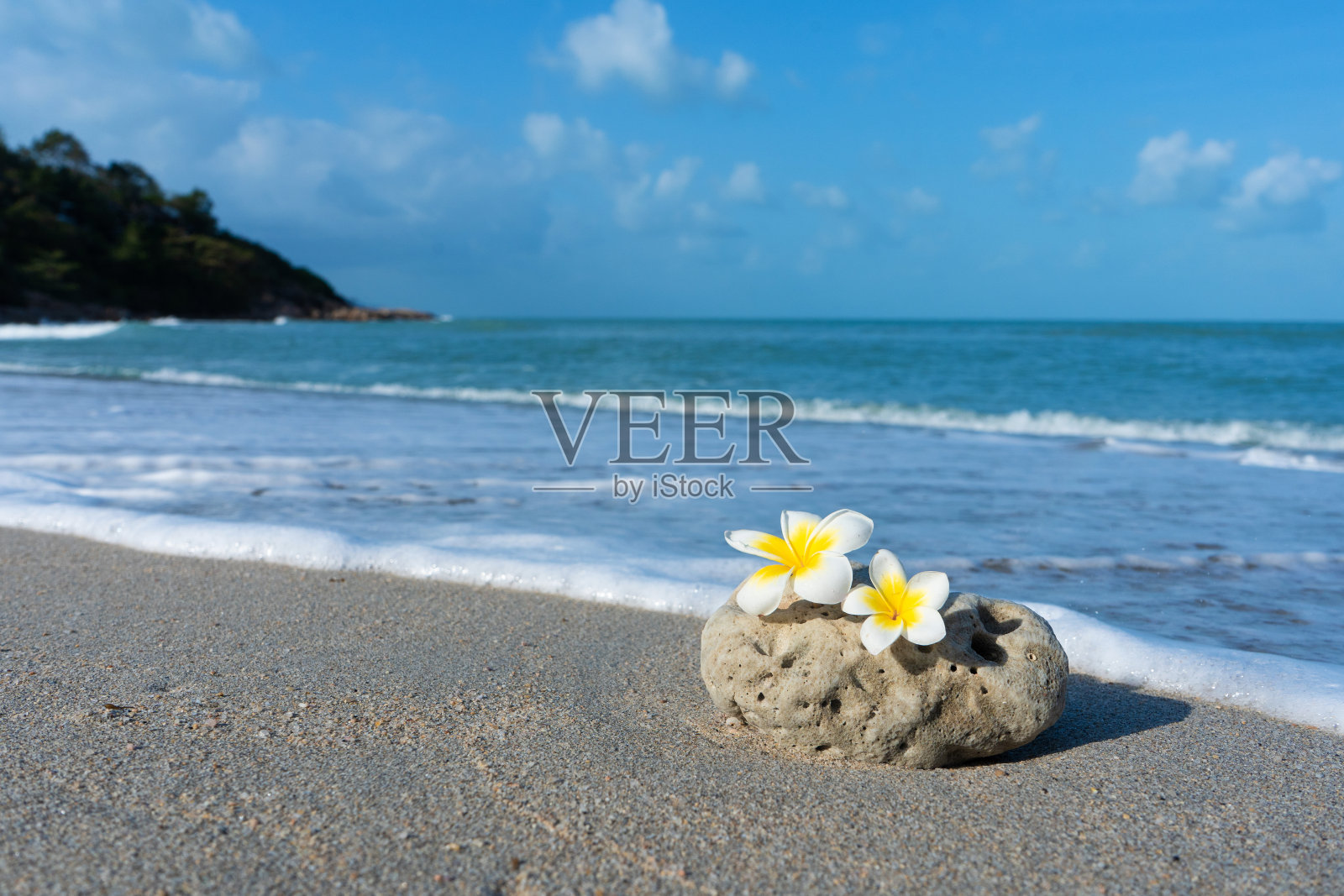 一块形状光滑有趣的小石头被海浪冲刷在海滩上。宁静和放松的海边概念。照片摄影图片