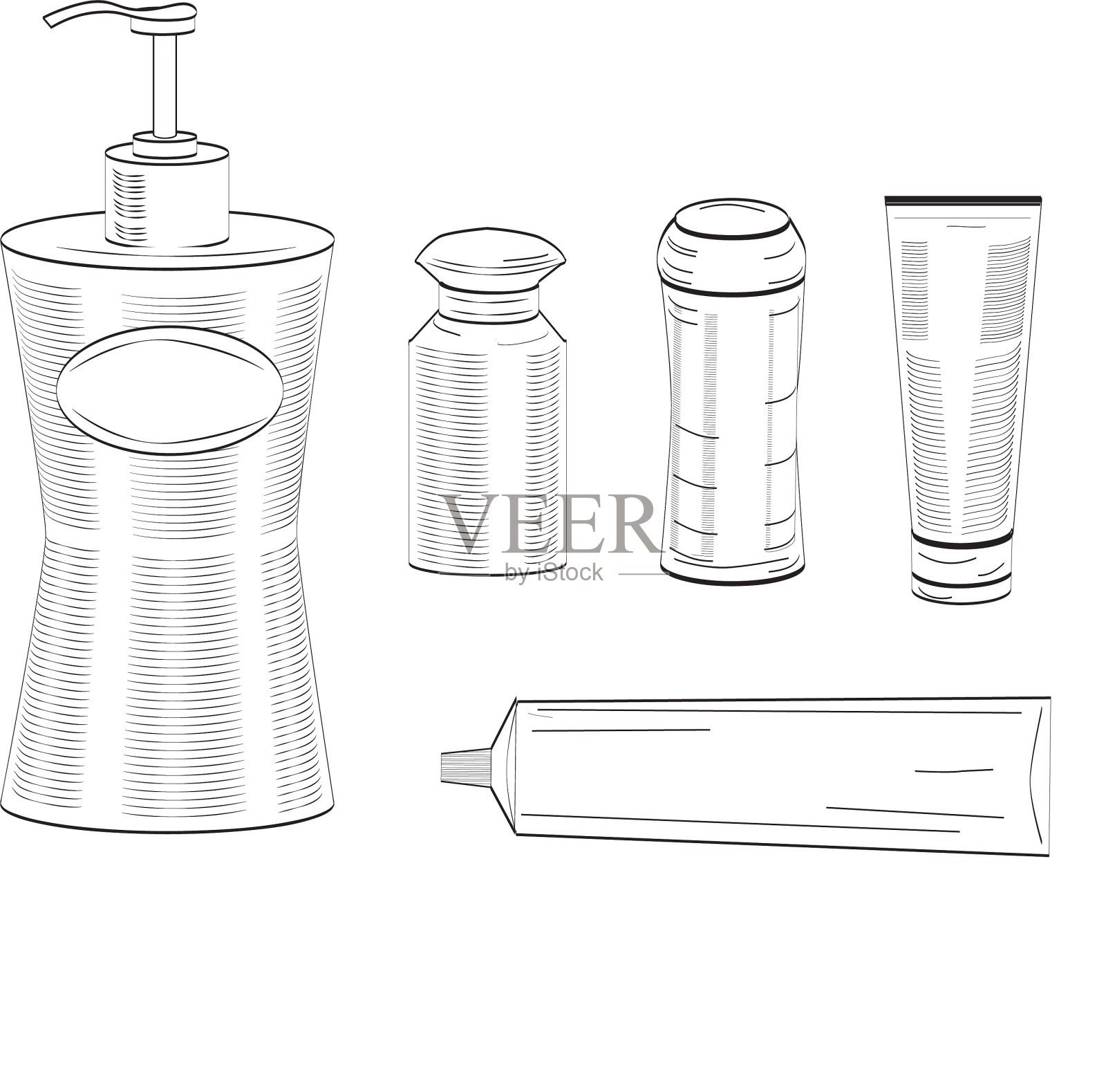 黑白线条艺术卫浴洗漱用品插画图片素材