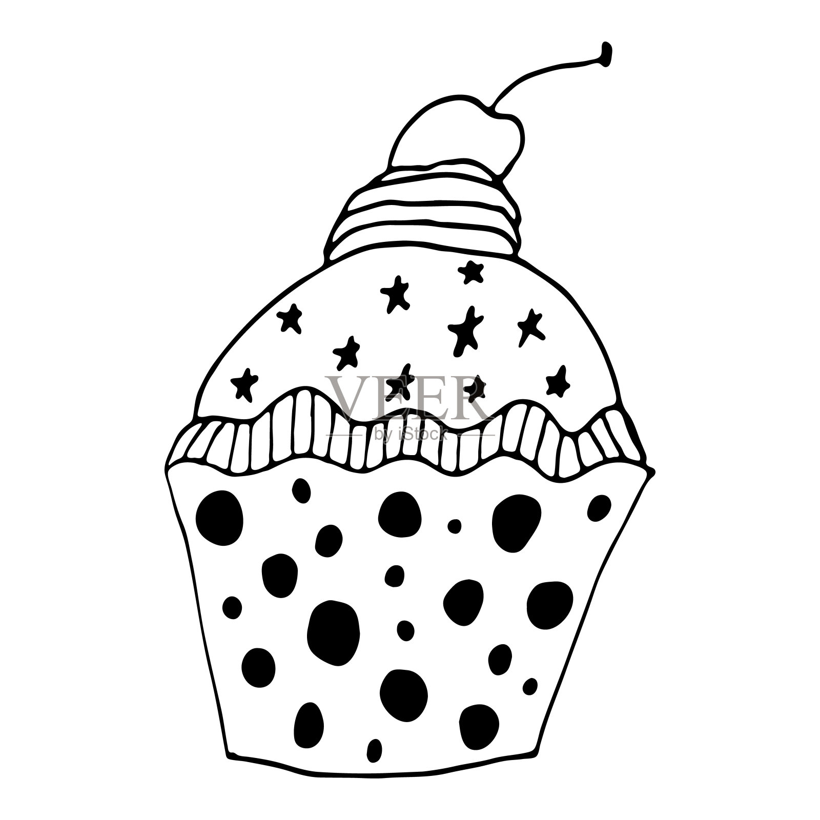 矢量黑白纸杯蛋糕插图与樱桃。在白色背景上手绘食物涂鸦。线条艺术烘焙标志，婚礼请柬，印刷设计。插画图片素材