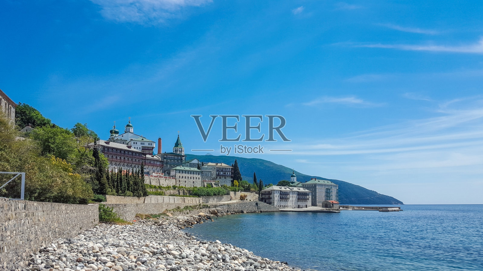 神圣的修道院Hilandar景观HDR，阿陀斯山照片摄影图片