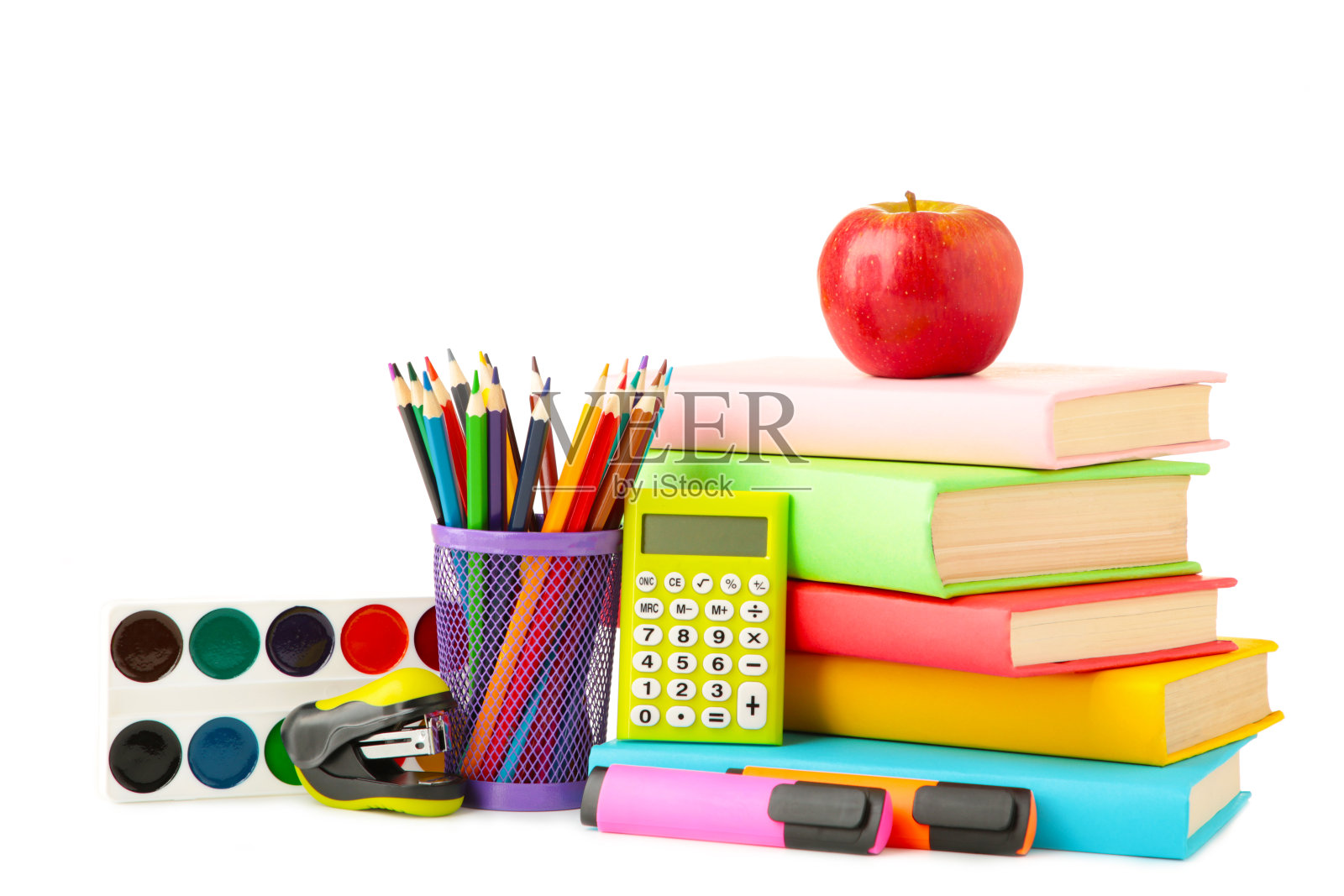 多颜色的教科书和文具孤立在白色的背景照片摄影图片